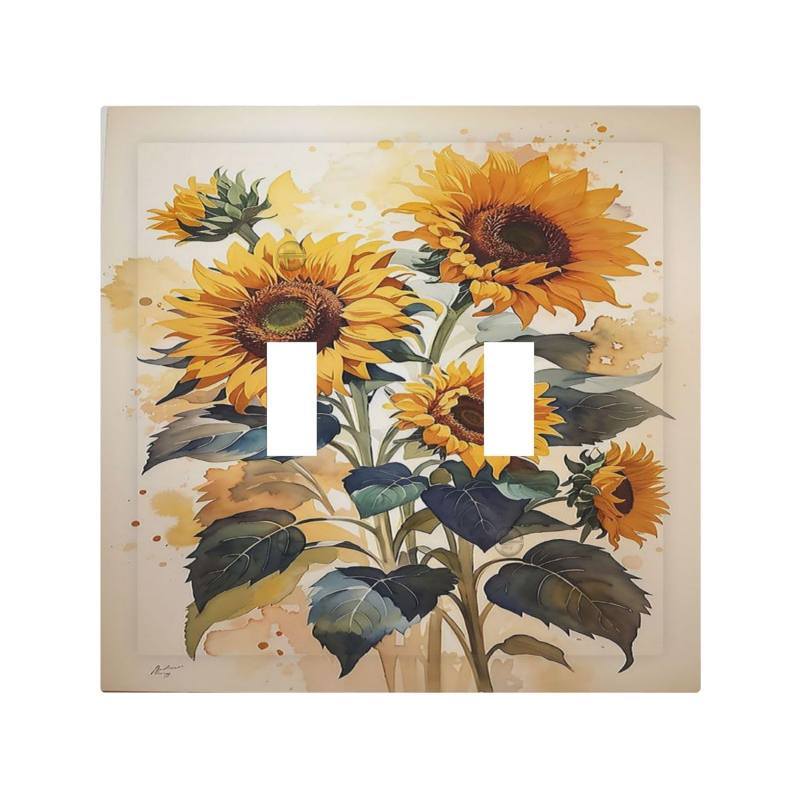 Interruptor doble de 2 bandas con placa decorativa floral de girasol acuarela