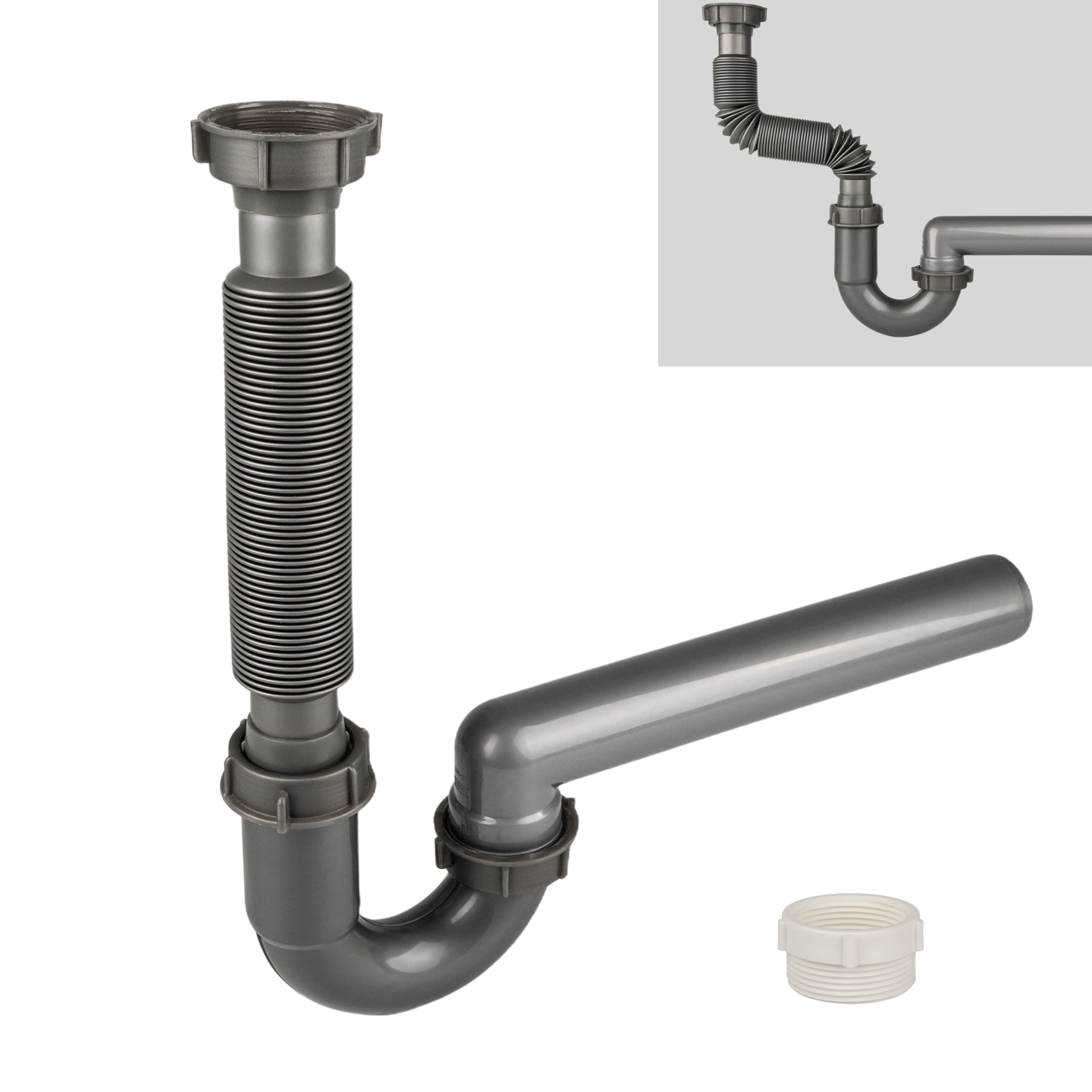 Trampa P expandible y flexible, kit de tubo de drenaje de fregadero de 1-1/2 pulgadas, con adaptador de 1-1/4 pulgadas, drenaje de pared, para fregadero de cocina