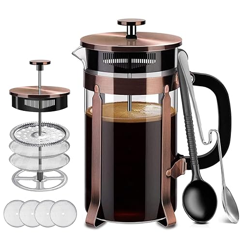 French Press, Premium 8 Cup 34-Ounce No Grounds Coffee Tea Maker, 4 Level Filtration System & Extra 4 Filters Screen, 2 Spoons for Measuring and Mixing, Heat-Resistant Borosilicate Glass - Bronze