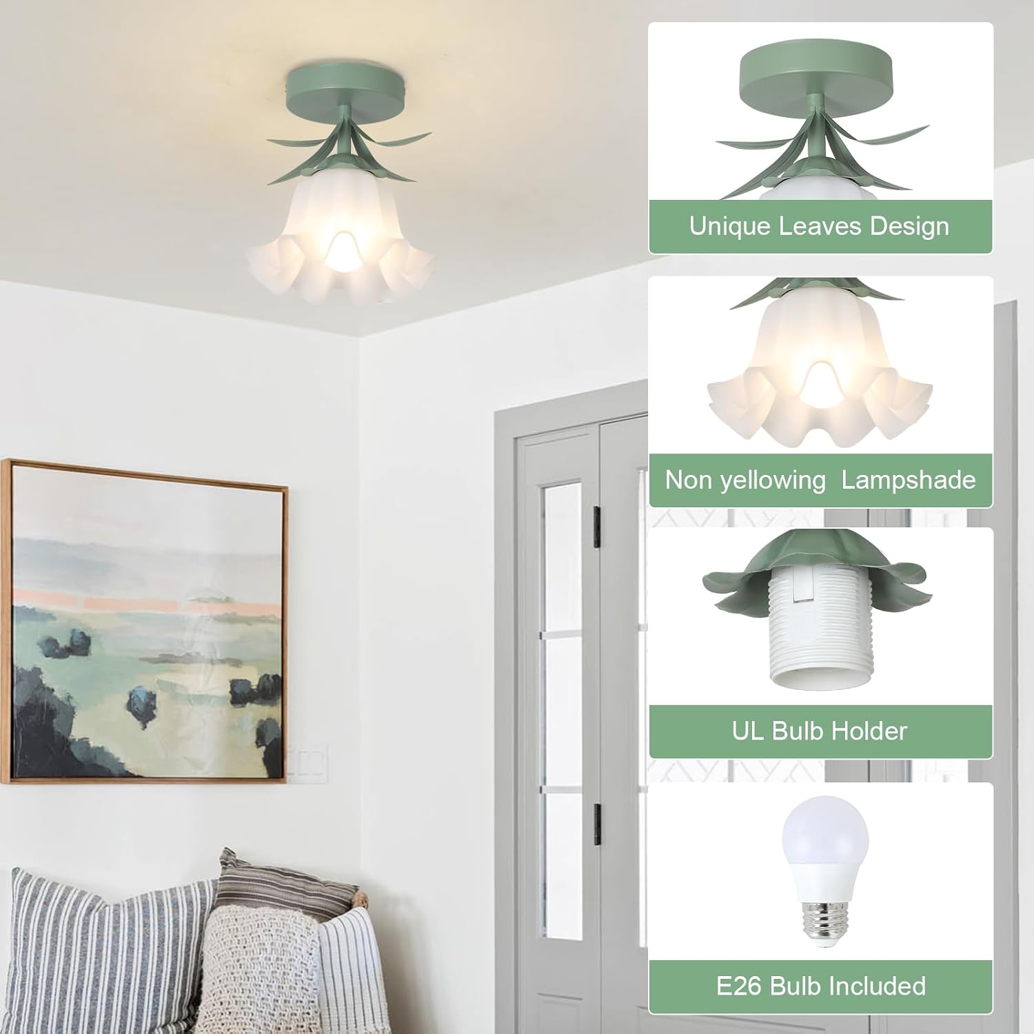 2-Pack Flower Semi Flush Mount Ceiling Light Fixture, Vintage Lily-Of-The-Valley Bathroom Light Fixtures Ceiling Mount, Small Hallway Lighting For Kitchen Sink Closet Laundry Bedroom (Bulb Included)