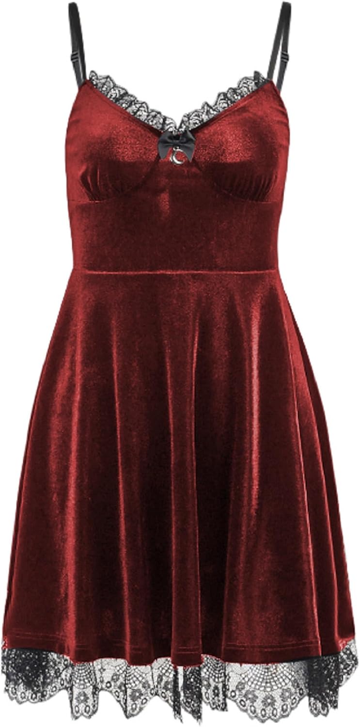 TSMNZMU Womens Gothic Lolita Dress Velvet Moon Camisole Dresses Sleeveless Punk Grunge Emo Dress Goth Alt Witchy Fairy Dress - Image 3