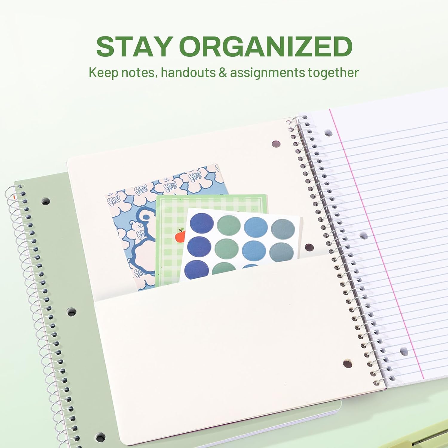 SUNEE Spiral Notebook, 1-Subject, College Ruled Paper, 8" x 10-1/2", 100 Sheets per Notebook, 3-Hole Punched Paper, Water Resistant Cover, Double-sided Pockets, Spiral Lined Notebooks for Work, Green image 2