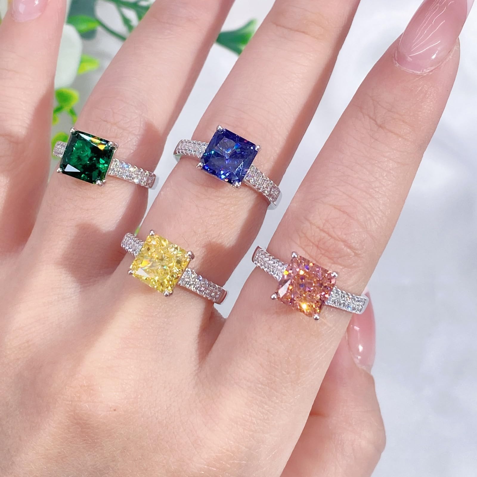 Anello Nuziale, Platino Anello con Zaffiro Padparadscha Quadrato da 3 carati Creato in Laboratorio e moissanite