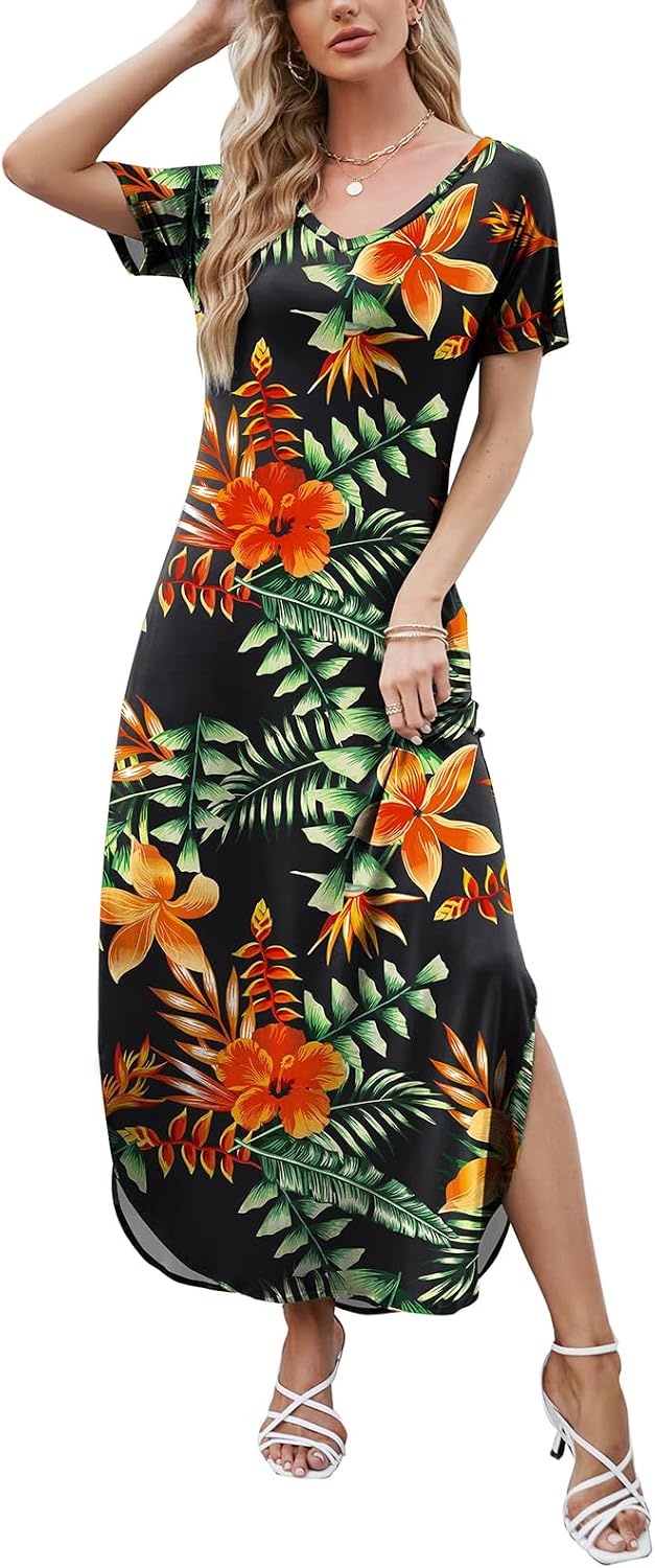 HUSKARY Women's Summer Maxi Dress Casual Loose Pockets Long Dress Short Sleeve Split Maxi Dresses image 3