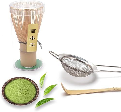 Miniatura 2 de Juego tradicional de ceremonia de té matcha, 3 piezas con batidor de bambú Chasen, colador, cuchara, caja de regalo