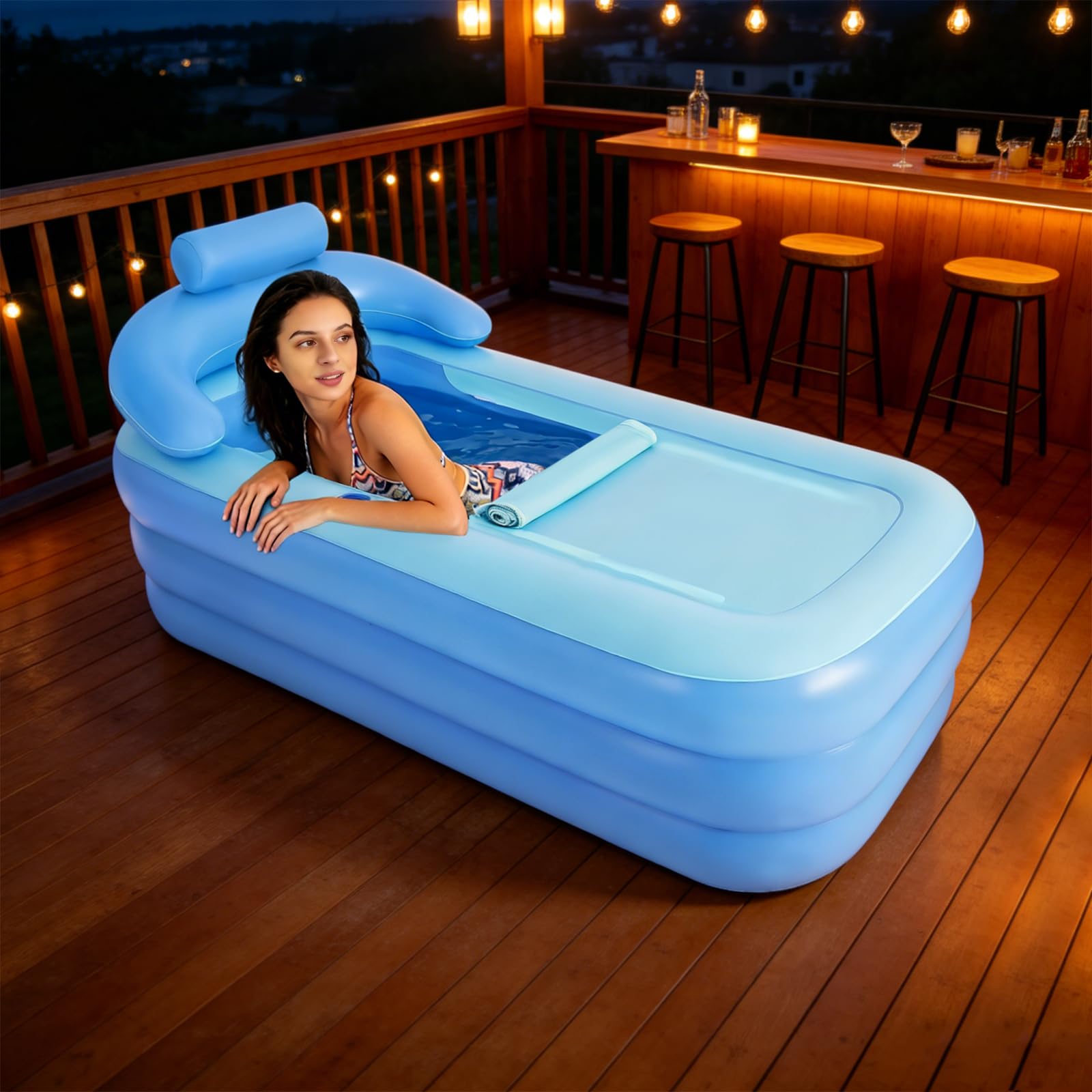 Baignoire gonflable bleue 160 x 84 x 64 cm, baignoire gonflable pliable avec fond rembourré et appui-tête, baignoire gonflable portable pour adultes, idéale pour la maison, le camping et l'extérieur
