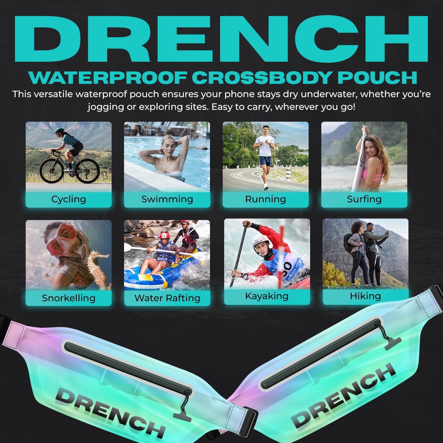 Drench Waterproof Fanny Pack Iridescent – Submersible Dry Bag Waist Pouch for Swimming, Snorkeling, Kayaking – Waterproof Phone Case, Underwater Cell Phone Holder, Travel Beach Dry Bag, Waist Pack - Image 7