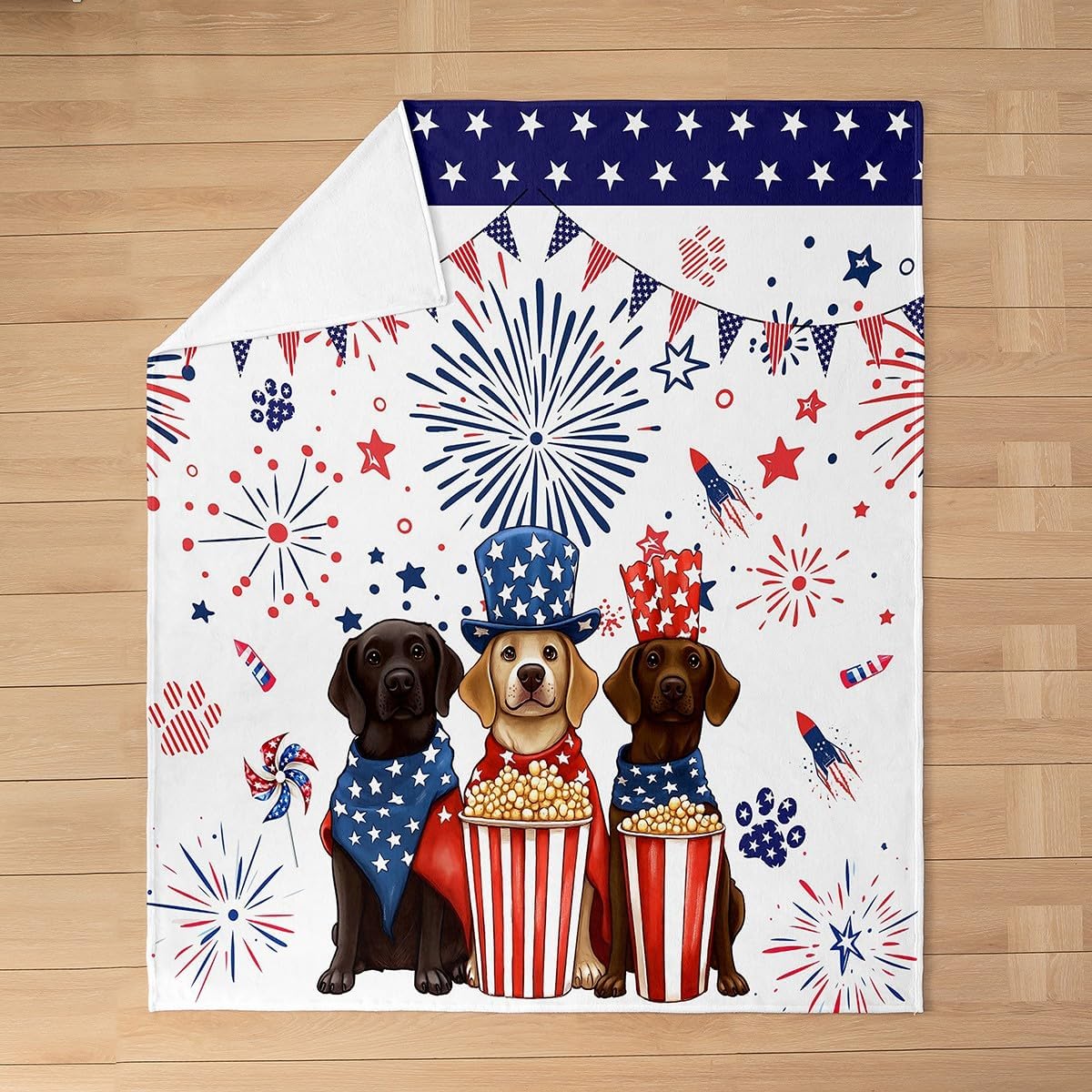 Cute Dog Kids Flannel Blanket,Independence Day Freedom Theme Bed Blanket for Boys Girls,Stars Firework Cartoon Puppy Animal Pet Fleece Blanket,White Fuzzy Blanket,Queen Size (90 x 90 Inches)