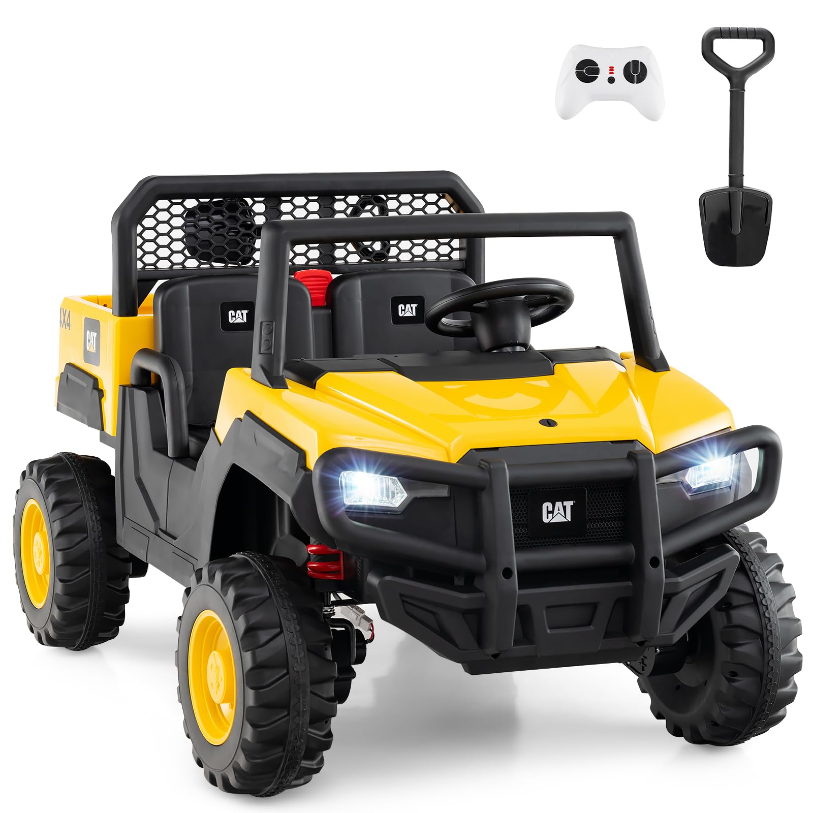 COSTWAY Camion Ribaltabile Elettrico Caterpillar, 24V Macchina Eletrrica per Bambini a 2 Posti, con Telecomando 4 Motori Avvio Morbido e Sospensione a Molla, 3-8 Anni