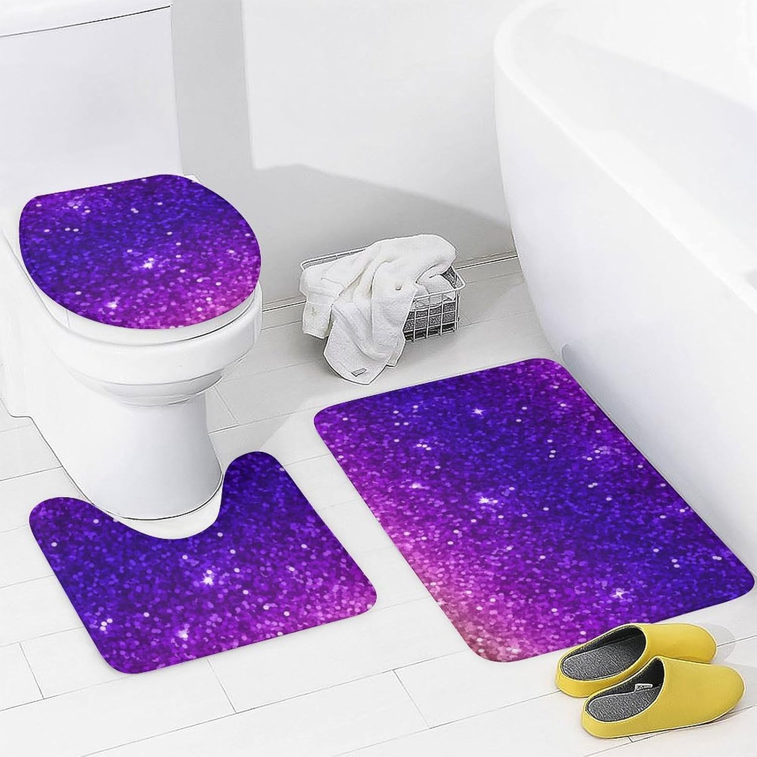 Purple Glitter Pattern Anti Slip and Waterproof Bathroom Four Piece Set, Fashionable Four Piece Set