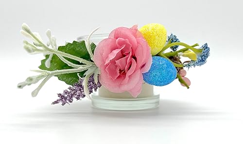 Easter Floral and Glitter Pastel Eggs Candle Holder for Easter and Spring Table Decorations on Glass Candle Holder Glass Base - Set of 2