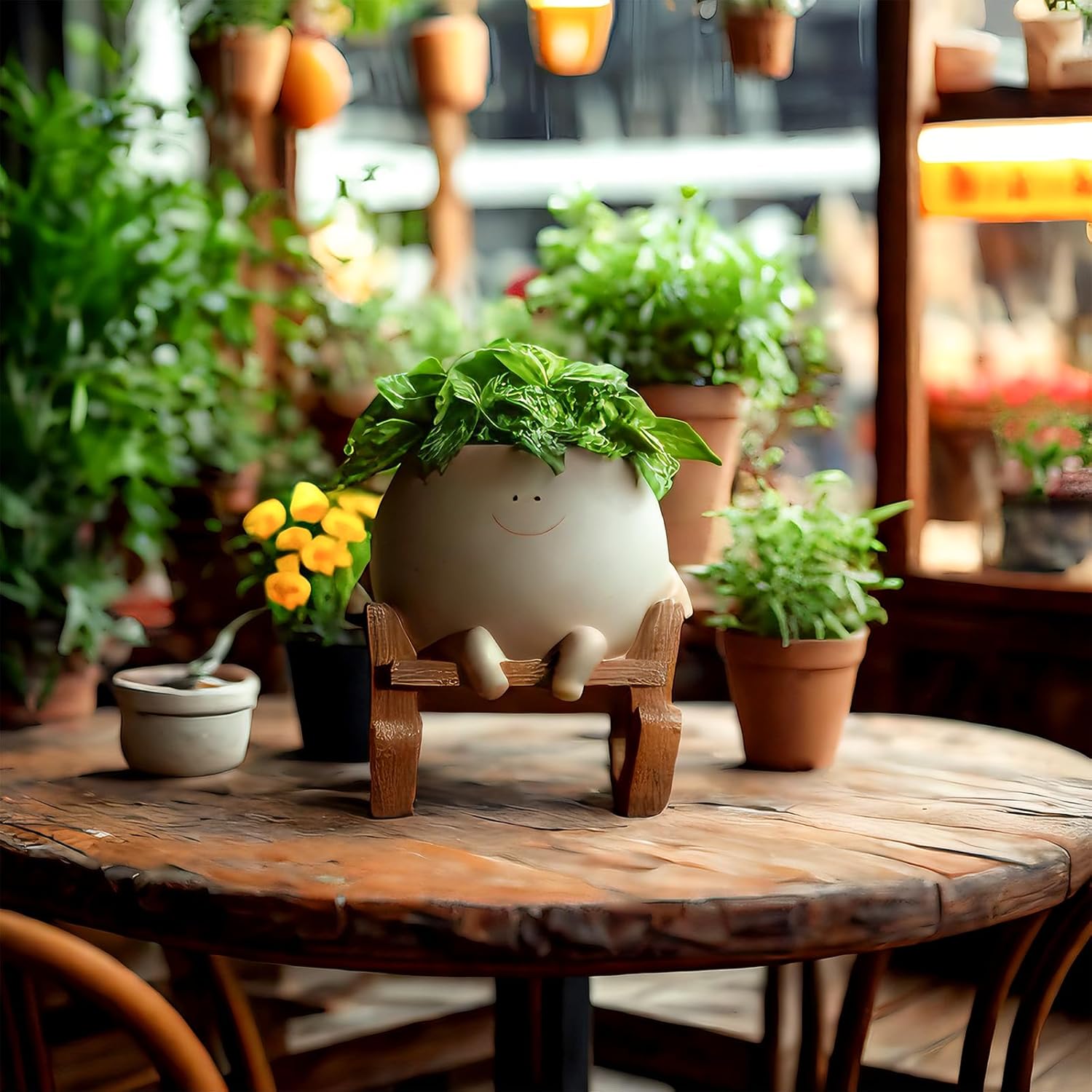 Large Smily Face Planter Pot Cute Smile Flower Planter for Indoor Outdoor, Resin Rocking Chair with Drainage Hole, Pearls Succulents Plants Live Pots Unique Ideals Gift(Large)