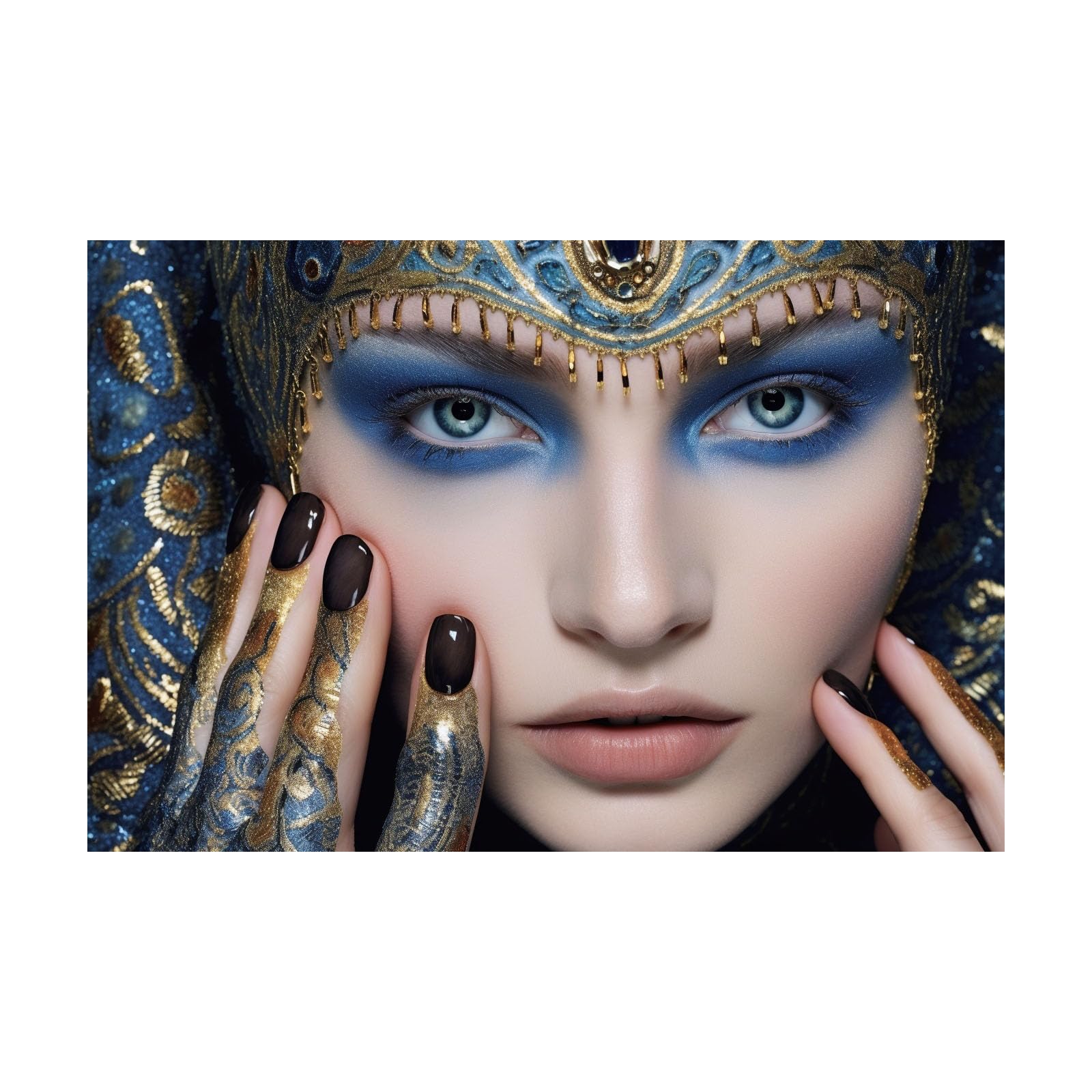 TERUEA Canvas Wall Art for Women Woman with Blue and Gold Headdress Portrait Retro Painting Bathroom Wall Decor,(Blue)-70x100cm Unframed