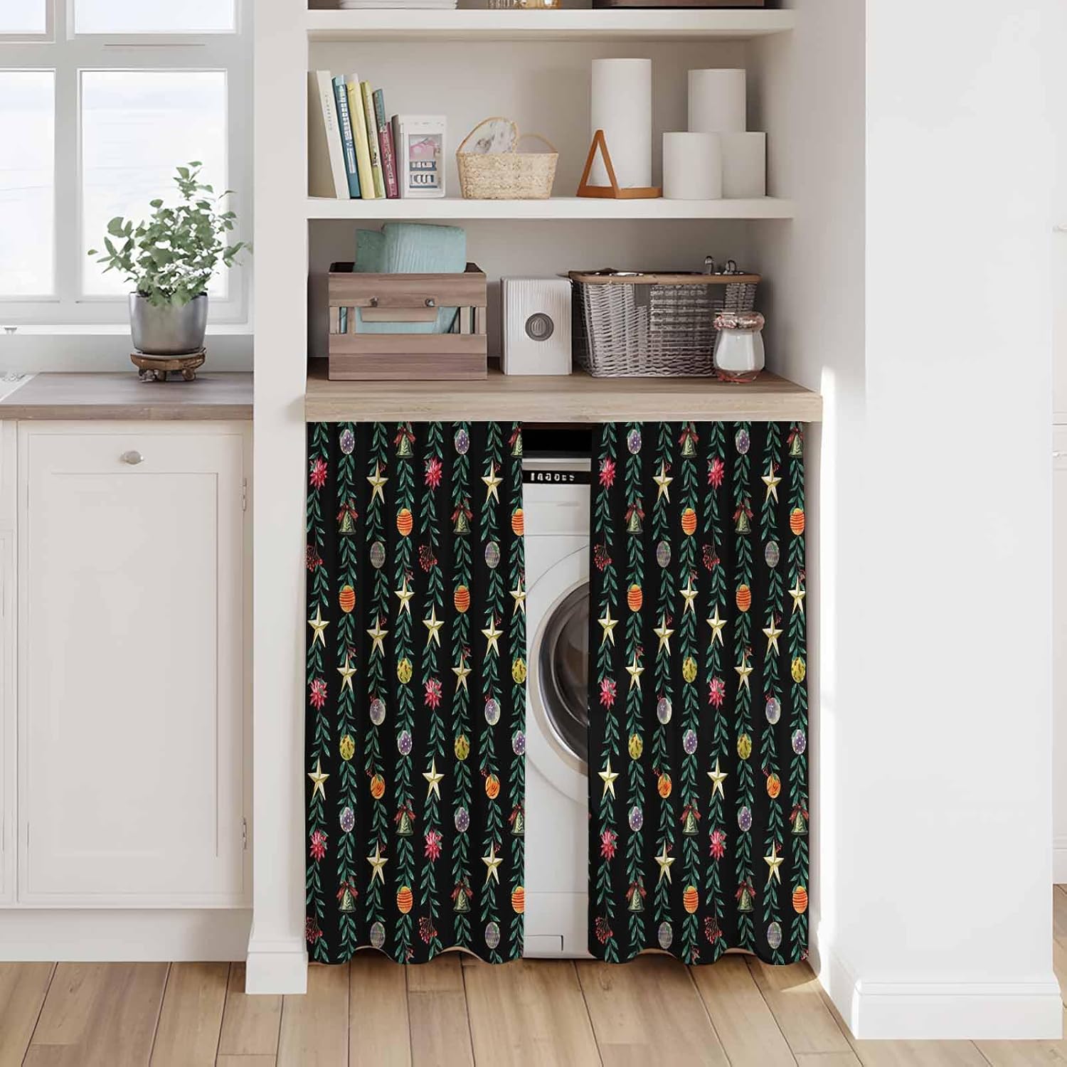 Black Christmas Kitchen Curtains 45 Inch Long 2 Panel Set, Rod Pocket Window Treatment, Green Botanical Xmas Balls Star Light Filtering Short Curtains & Drapes for Bathroom Laundry 52"W x 45"L