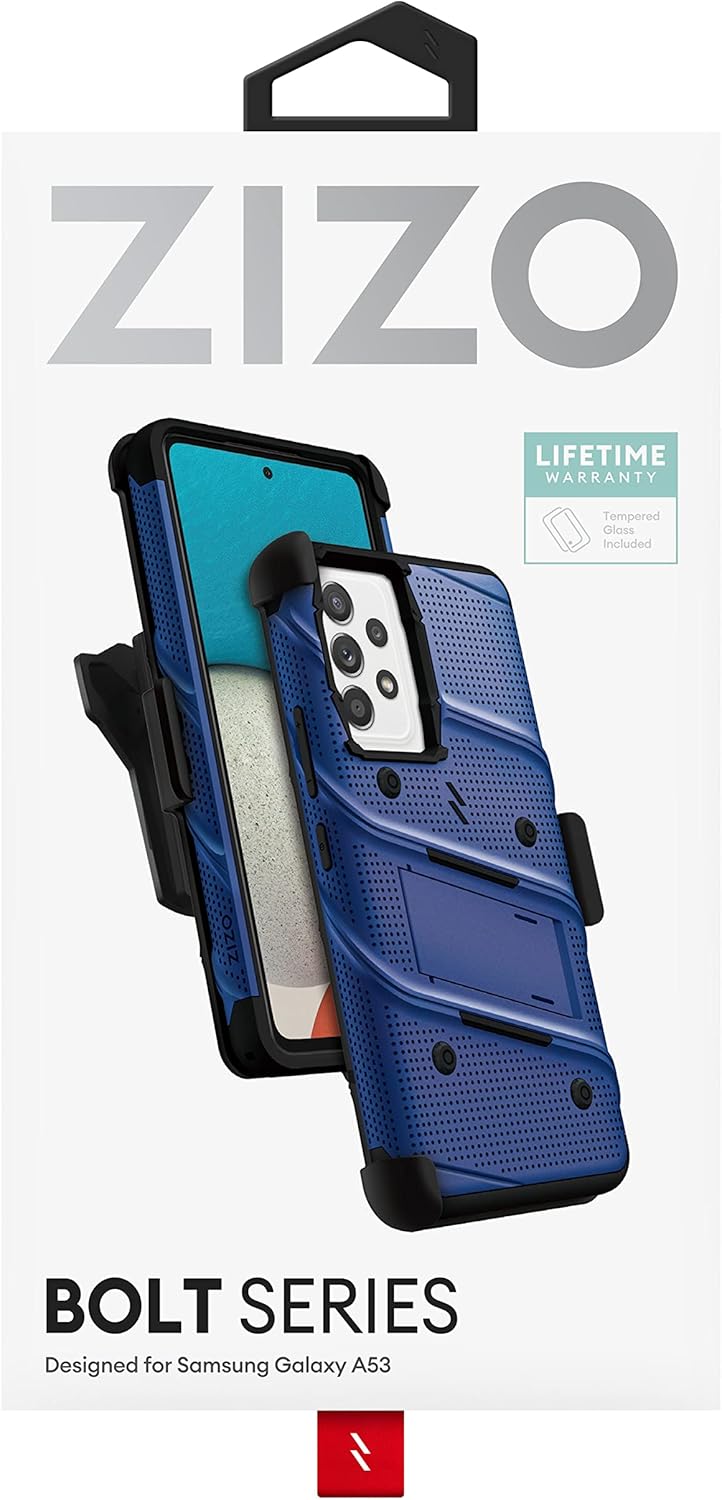 ZIZO Bolt Bundle for Galaxy A53 5G Case with Screen Protector Kickstand Holster Lanyard - Blue