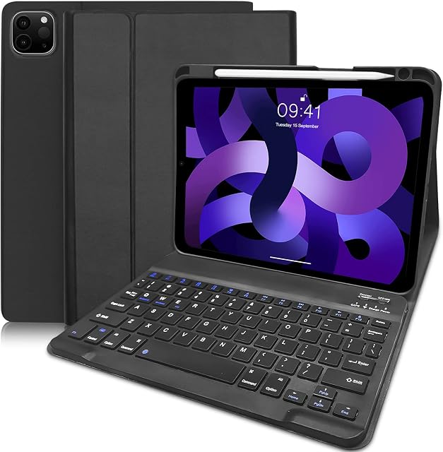 YUEJIDZ Keyboard Case For iPad Air 5 2022/iPad Air 4 2020/iPad Pro 11, Leather Cover With Slim Detachable Wireless Bluetooth Keyboard For iPad Air 10.9 Inch, Pro 11 2021/2020/2018, Black