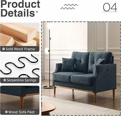 Miniatura 5 de Altillo Moderno sofá biplaza tapizado con puerto USB, tela impermeable de 2 asientos, sofás pequeños con patas de madera maciza para espacios