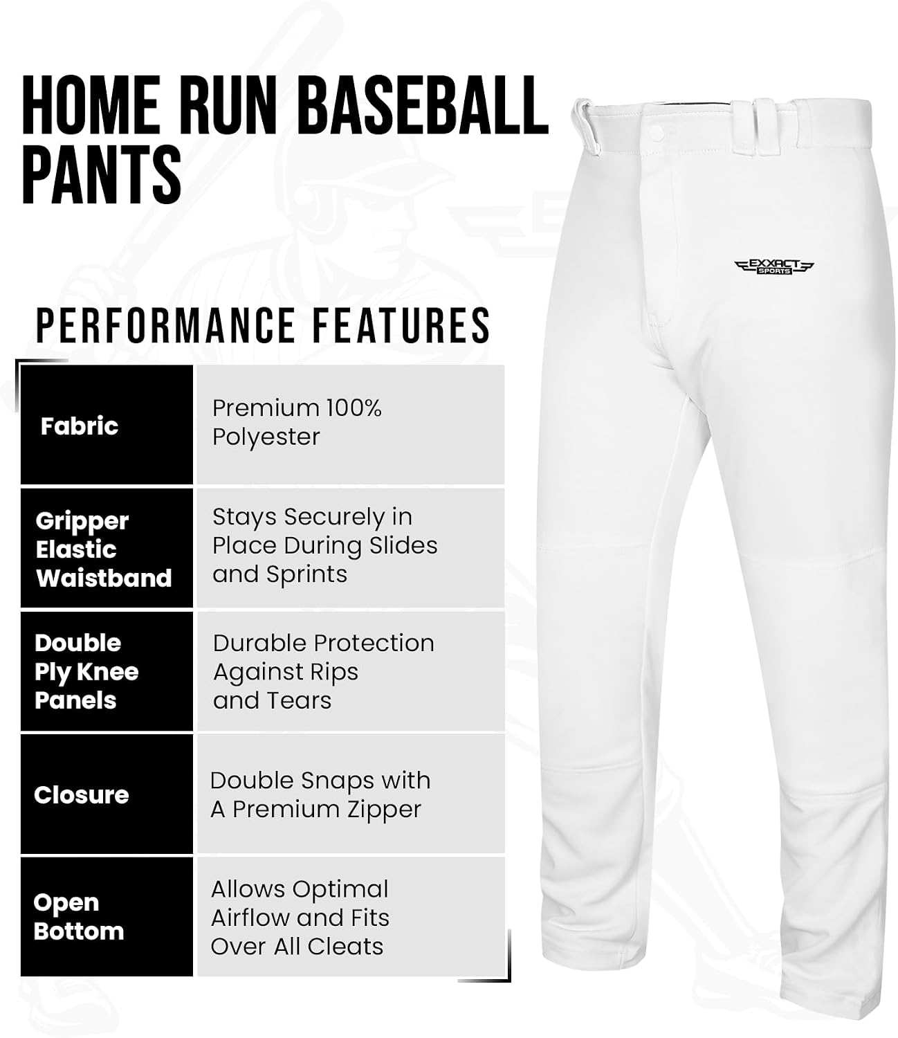 Exxact Sports Home Run Boys Baseball Pants - Full-Length, Semi-Relaxed Fit, Open-Bottom Youth Baseball Pants