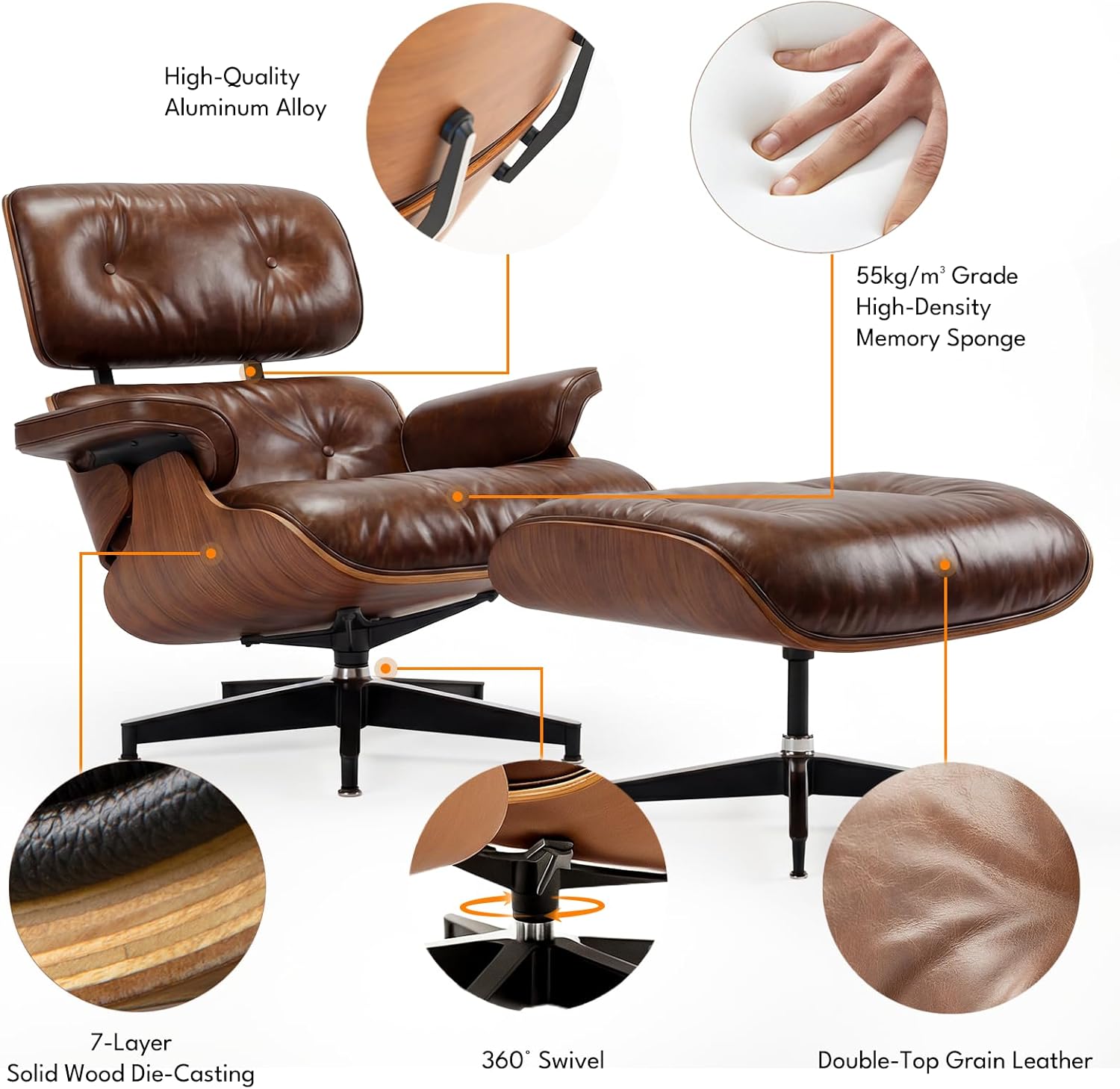 Top Grain Leather, Mid Century Chaise Lounge Chair and Ottoman, Reading Chair, Leather Accent Chair, Modern Chair, Classic Design, for Living Room Lounge Office,Retro Aged Leather, Walnut