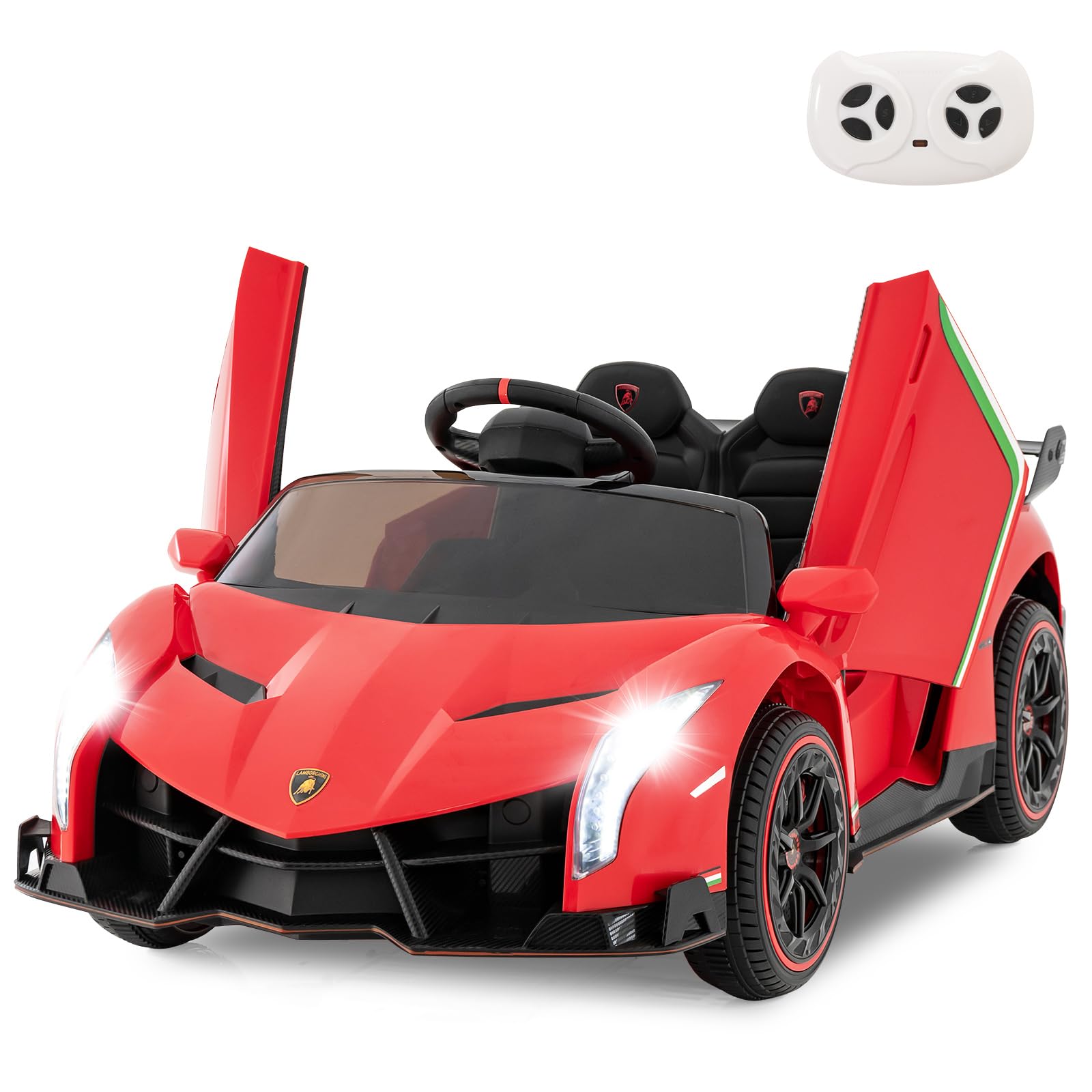 INFANS 2 Seater Kids Ride on Car, 12V 4WD Licensed Lamborghini Veneno Powered Electric Vehicle with Hydraulic Doors, Rocking Mode, Adjustable Speeds, Remote Control, MP3, Headlight (Red)OEKO-TEX STANDARD 100