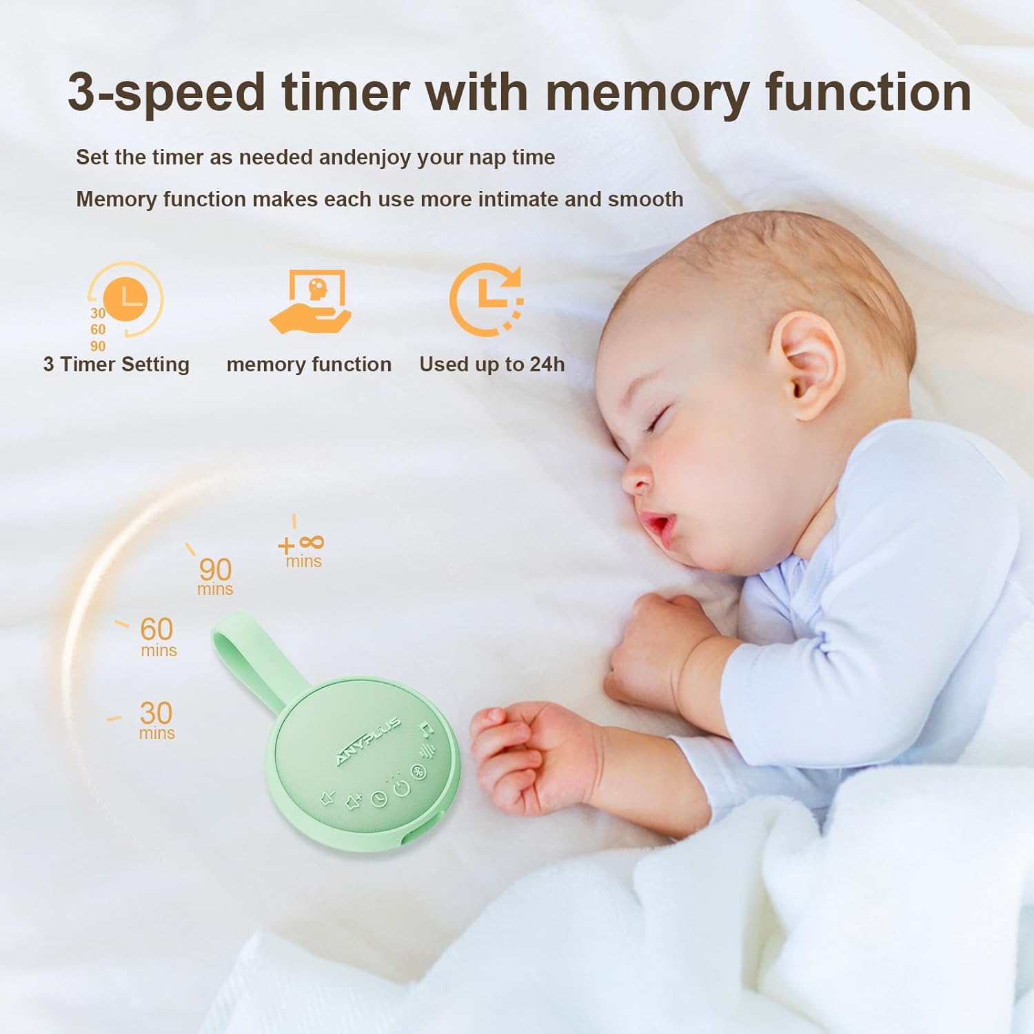 White Noise Sound Machine for Sleeping Adults & Baby, Portable Noise Machine with 24 Soothing Sounds, Bluetooth 5.1, Battery Powered, 3 Timer Settings, Memory Function for Home, Office, Travel (Green)