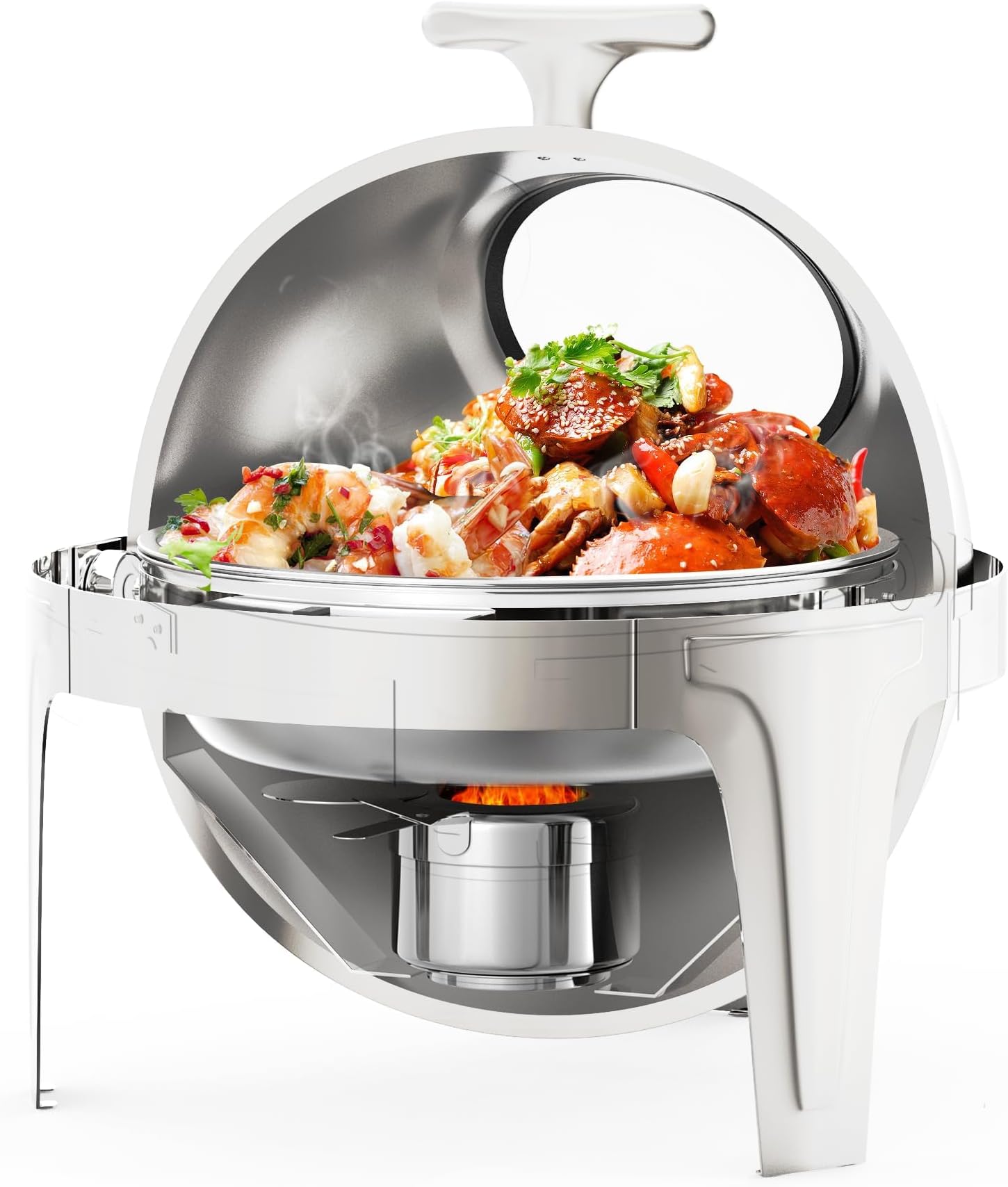 Professional Chafing Dish Server – 6.3QT Round Roll-Top Stainless Steel, Glass Window, Full Size Buffet Food Warmer for Catering, Banquets, Parties – Durable Chafer Set, 6L Stainless Steel