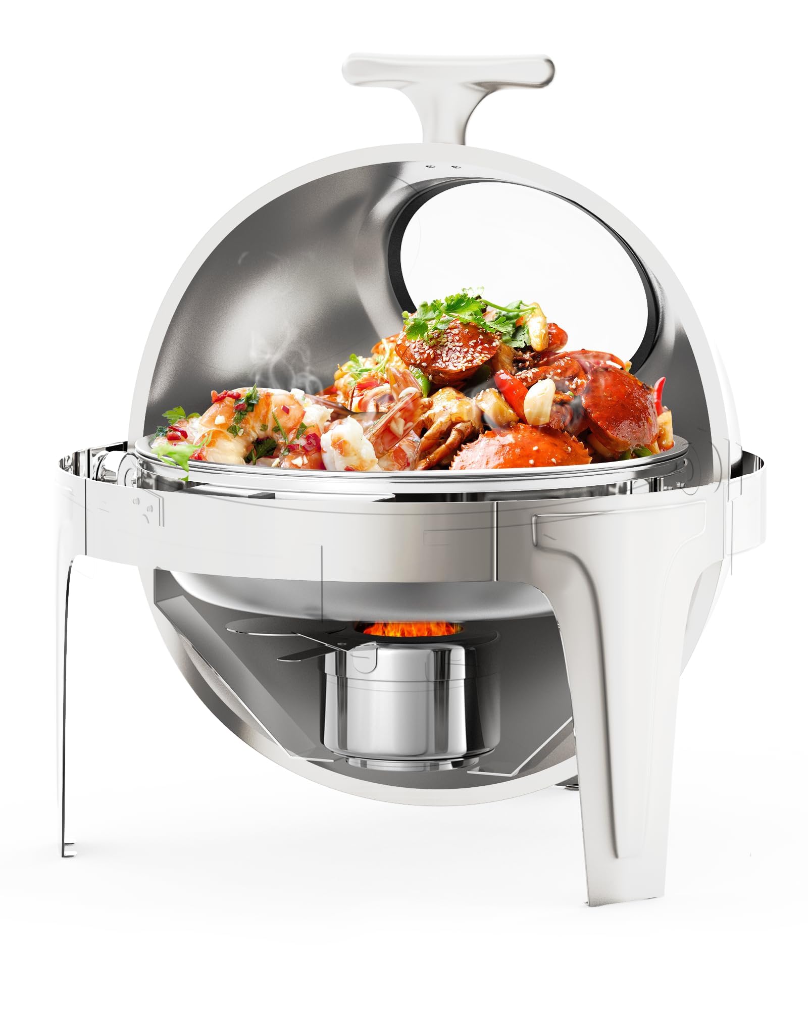 Chafing Dish Redondo 6L, Calentador de Comida con Tapa Enrollable y Ventana de Vidrio, Set de Catering Acero Inoxidable para Buffet y Banquetes, Soporte Combustible, Plateado