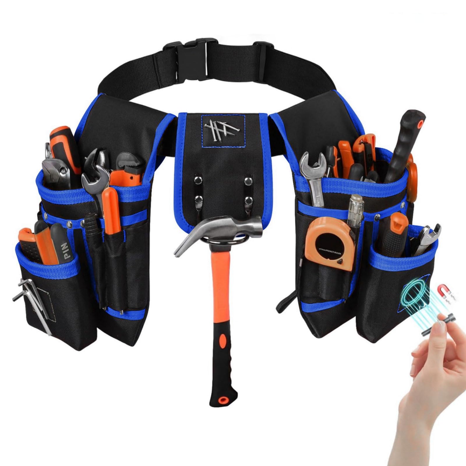 Ceinture à outils pour homme avec 26 poches, sac à outils magnétique amovible, ceinture réglable avec porte-marteau pour électriciens, menuisiers et ouvriers du bâtiment