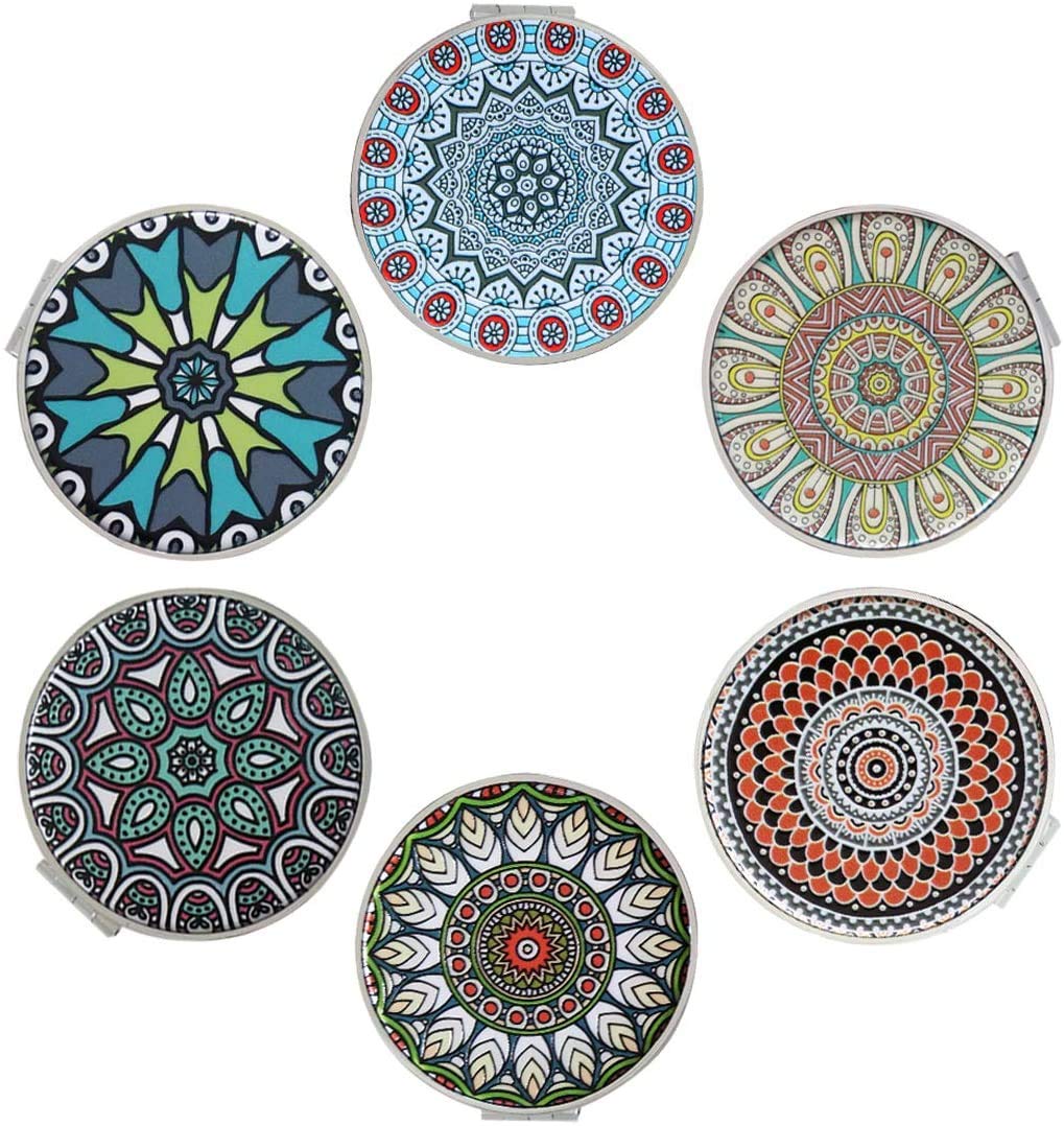 Beaufy - Espejo de Maquillaje pequeño Compacto con Espejo de Bolsillo, Aumento de Viaje, Mano Redonda, Vintage con Aumento, 1 x 2 x diseño de Mandala en Relieve para niña, Mujer, Hombre, Paquete de 6