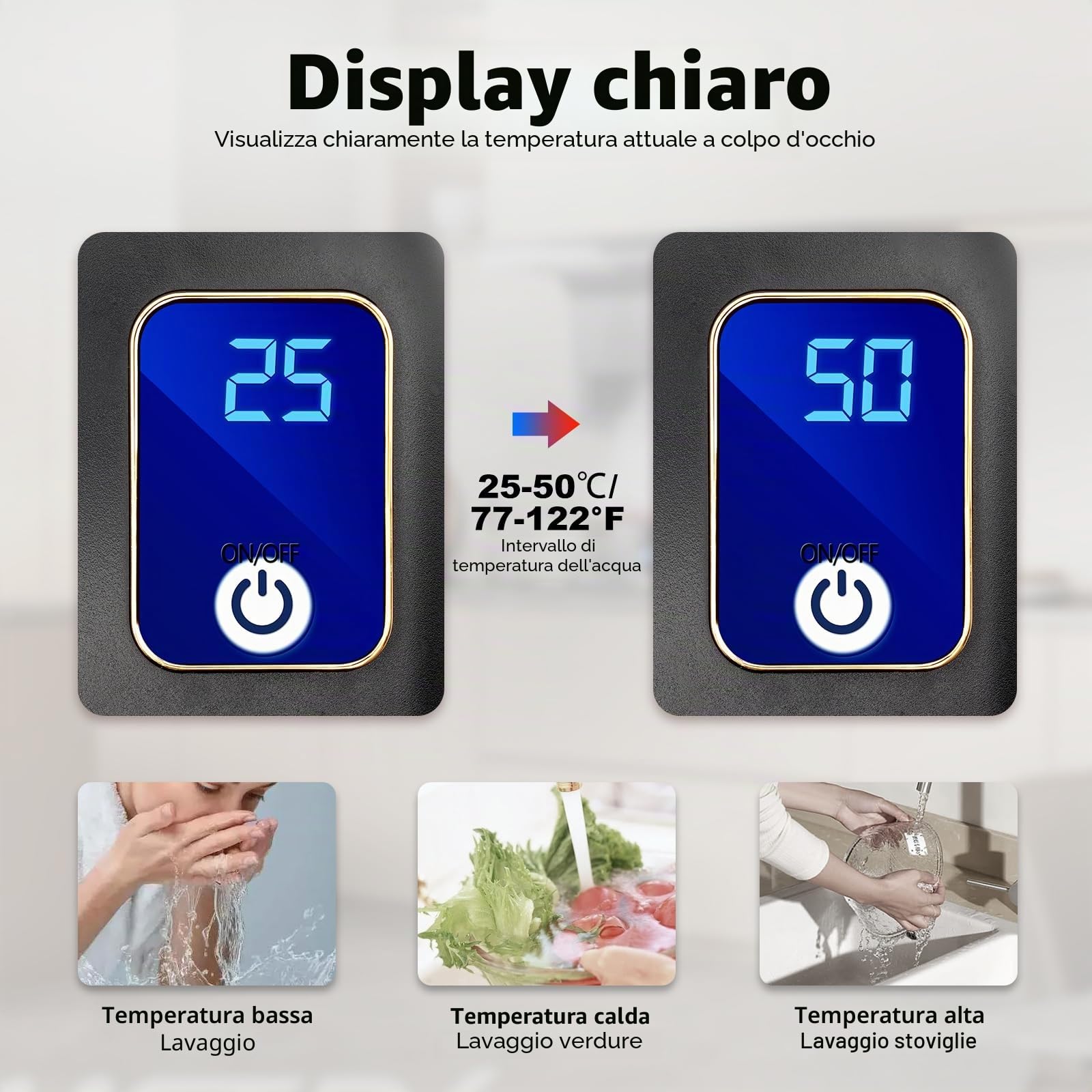 Scaldacqua istantaneo 230V, scaldacqua elettrico senza serbatoio, doccia elettrica istantanea senza serbatoio 3500W, per bagno e cucina, 25-50 °C