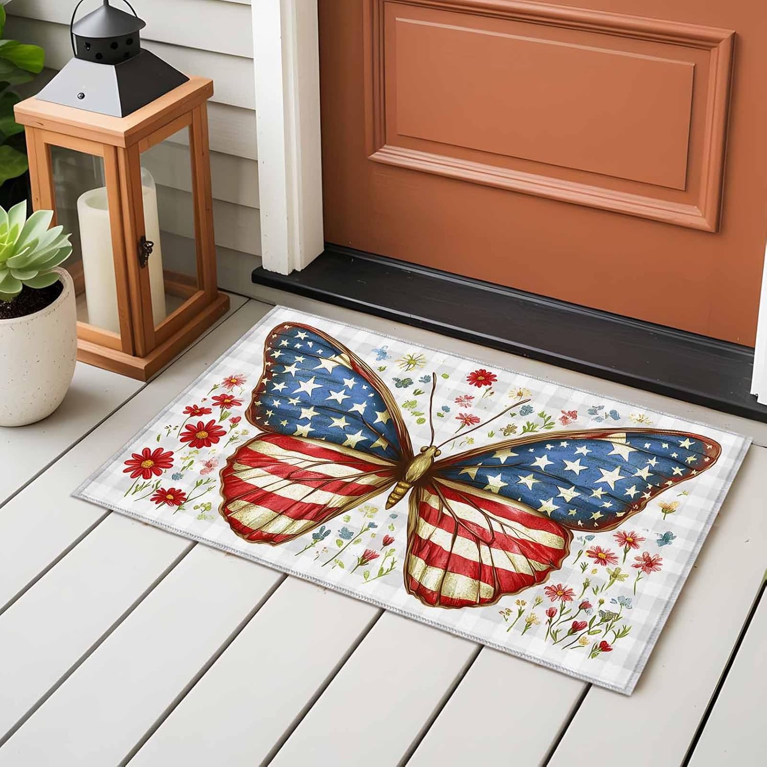 DecorLovee Entryway Rug 2'x3', Independence Day Small Rug for Kitchen Bathroom Door Mat Indoor Entrance, American Flag Butterfly Grey Plaid Non-Slip Area Rugs Floor Mats Carpet Front Door Rugs