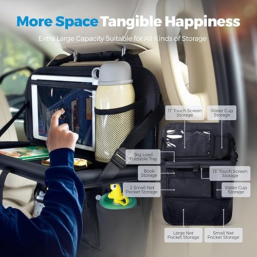 Miniatura 3 de Tsumbay Organizador de asiento trasero de automóvil con bandeja plegable, 9 bolsillos, protector de asiento para colchoneta de patada, capacidad de
