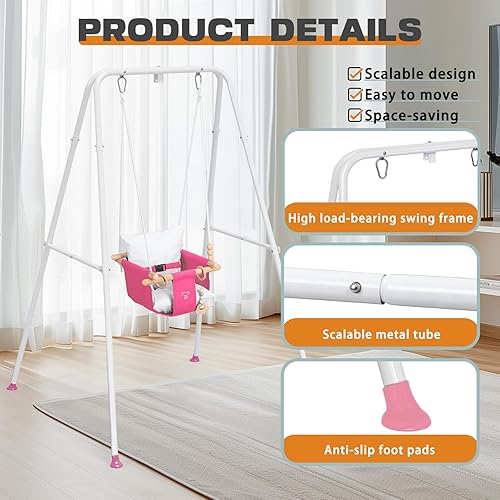 Miniatura 3 de Columpio para bebé con soporte, juego de columpios para bebé, juego de columpios para interiores y exteriores con asiento acolchado de lona (rosa)