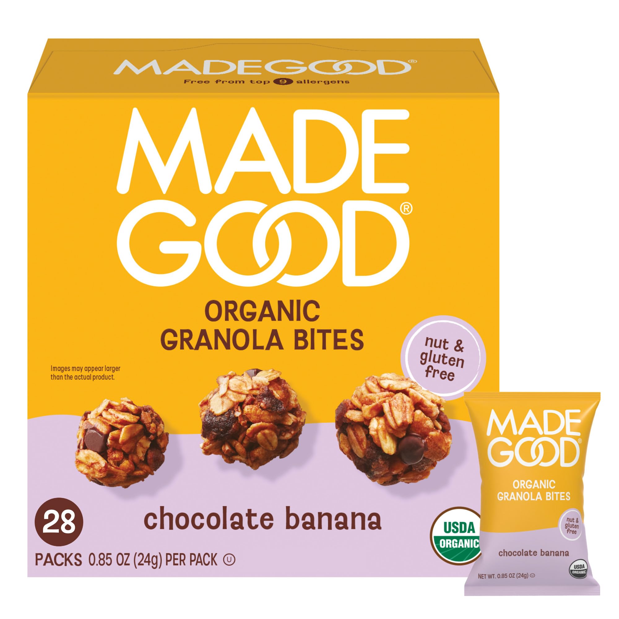 MadeGood Chocolate Banana Granola Bites, 28 Count, Organic and Delicious Snacks