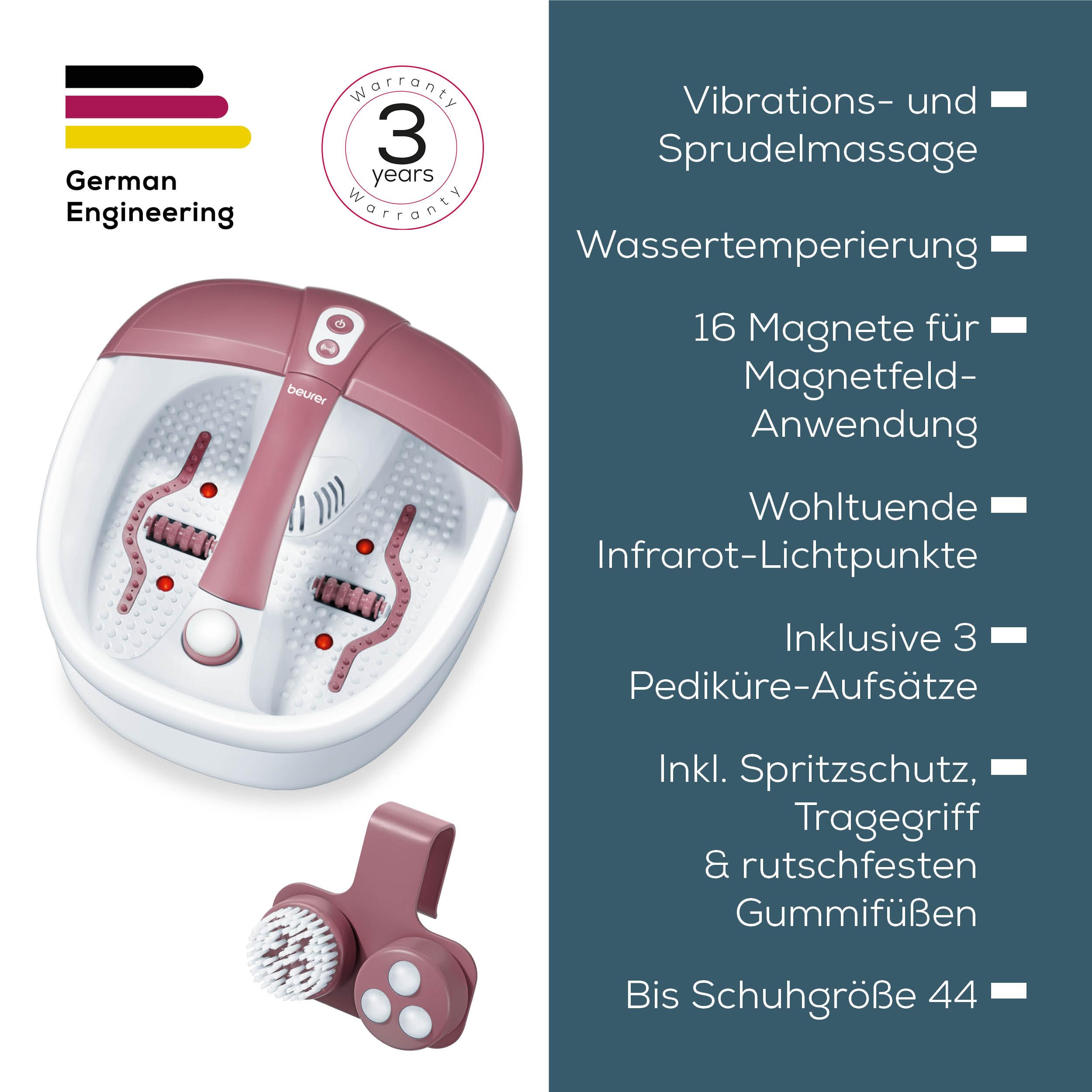 Beurer FB 35 Fußsprudelbad mit Vibrations- & Sprudelmassage, inkl. 3 wechselbaren Pediküre-Aufsätzen, mit Wassertemperierung, Infrarot-lichtpunkte & Möglichkeit zur Aromatherapie, bis Schuhgröße 44