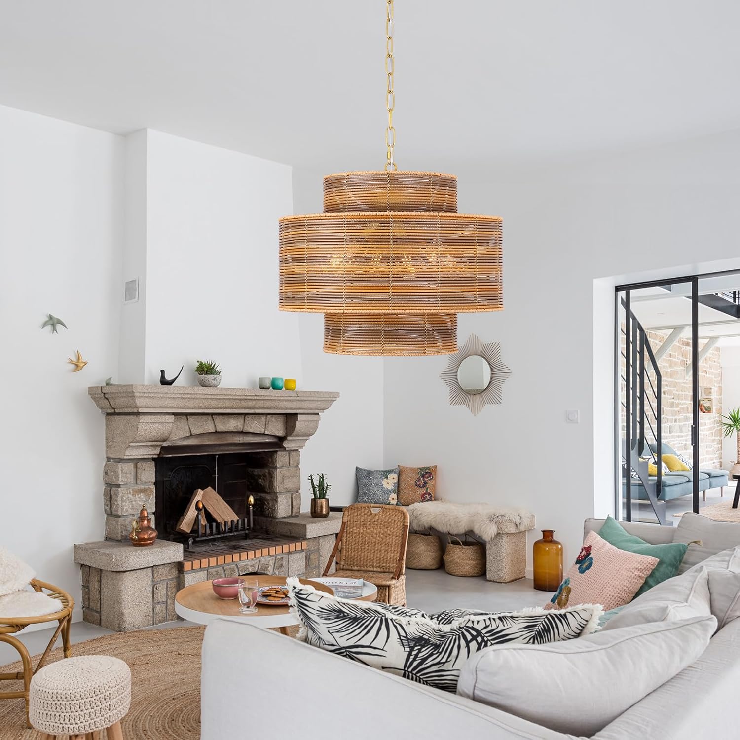Boho Large Rattan Chandelier 6-Light 3-Tier with Hand Woven Shade Adjustable, Wicker Coastal Chandelier Farmhouse Rustic Basket Chandeliers for Kitchen Bedroom, Dining Room, Living Room, Foyer 19.6”