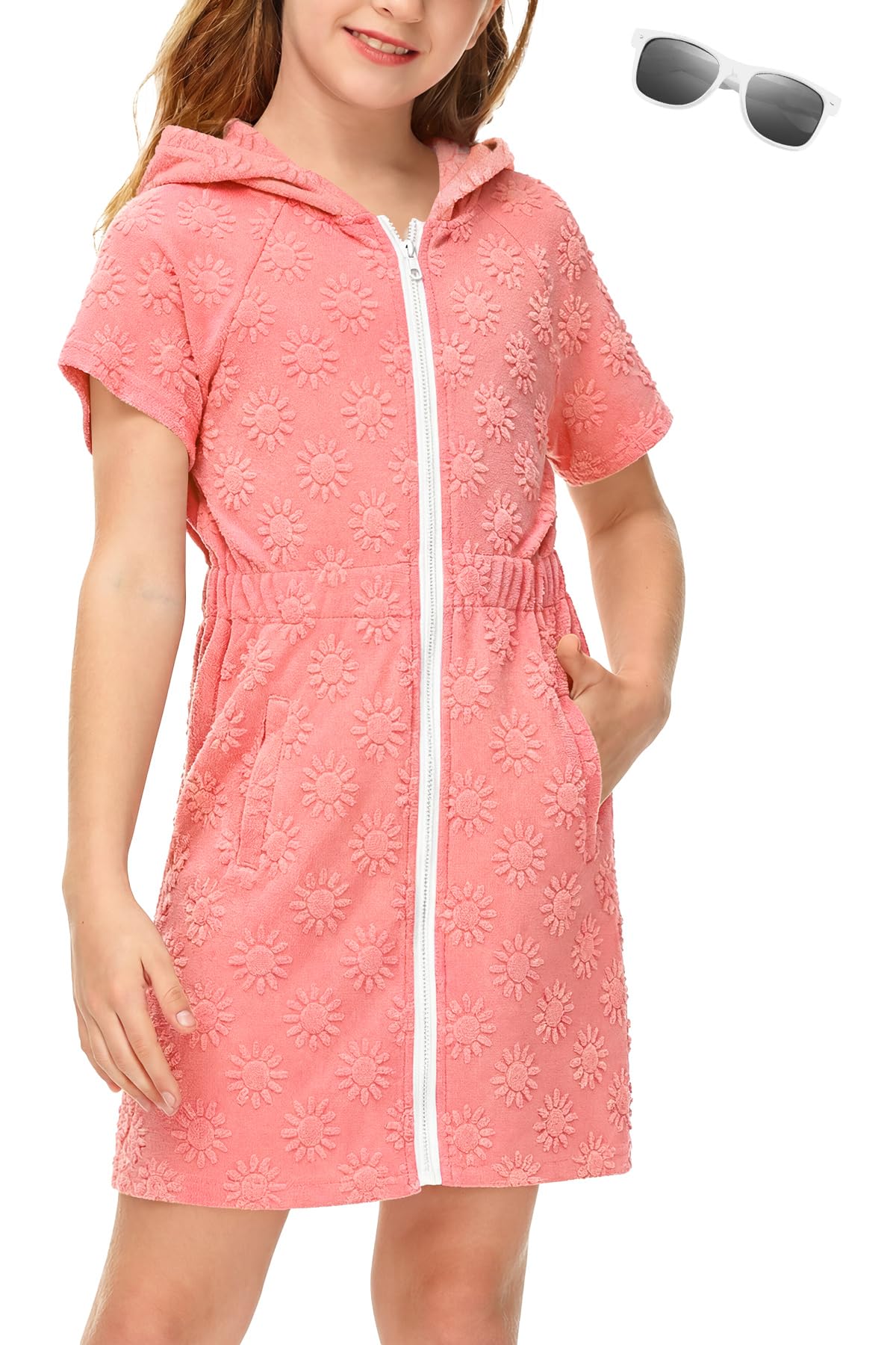 BesserBay Girls Swim Cover Up Beach Bathing Suit Coverups for Swimwear Zip-Up Terry Cloth Robes with Sunglasses 6-14 Years