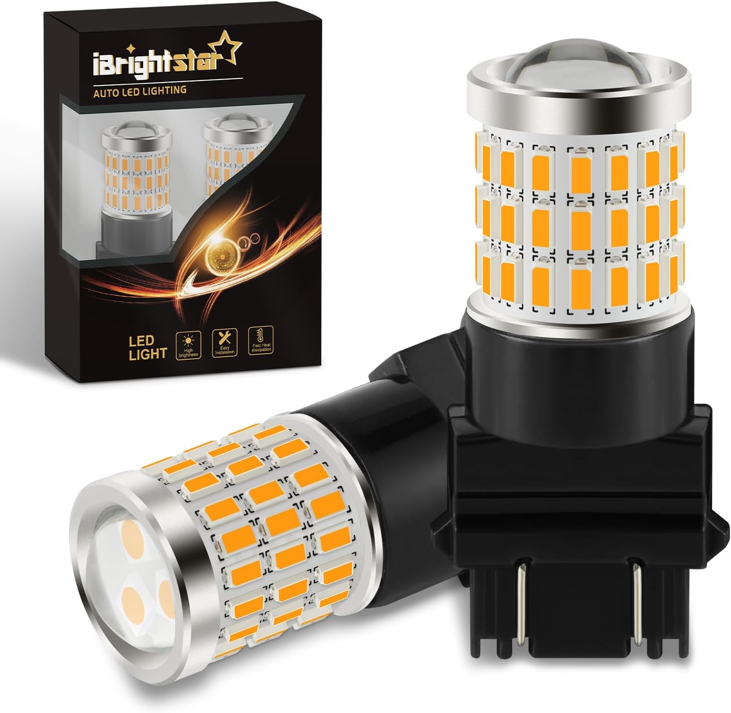 iBrightstar 3157 Amber LED Turn Signal Bulbs - Super Bright 54SMD Chips, Plug & Play Blinker Lights, 2 Pack