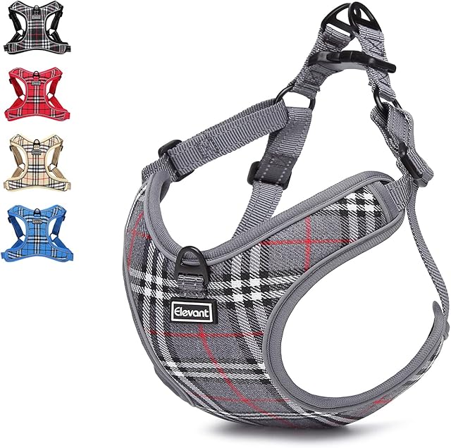 Elevant Dog Harness Adjustable, Step-in Reflective Breathable Harness, Soft Padded Lightweight Vest Harness with Front Clip Escape Proof Easy Control for Outdoor Walking Training (M, Grey Plaid)