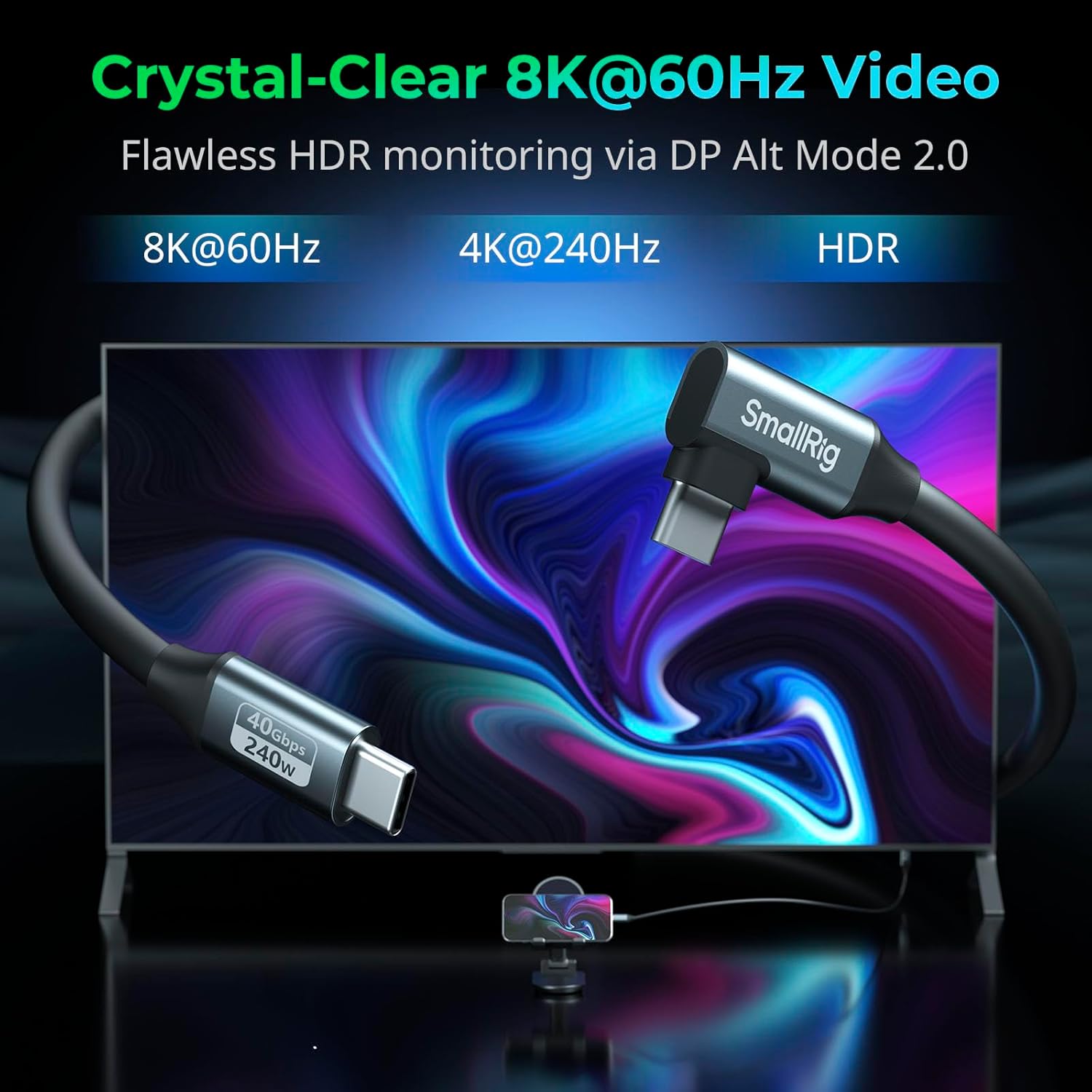 SMALLRIG USB4 40Gbps USB-C Cable, 240W Fast Charging & 8K@60Hz Video & 40Gbps Data Transfer, 35cm/13.8in Straight to Angled Connectors with Cable Tie, for MacBook for iPad Pro for iPhone - 5075 - Image 4