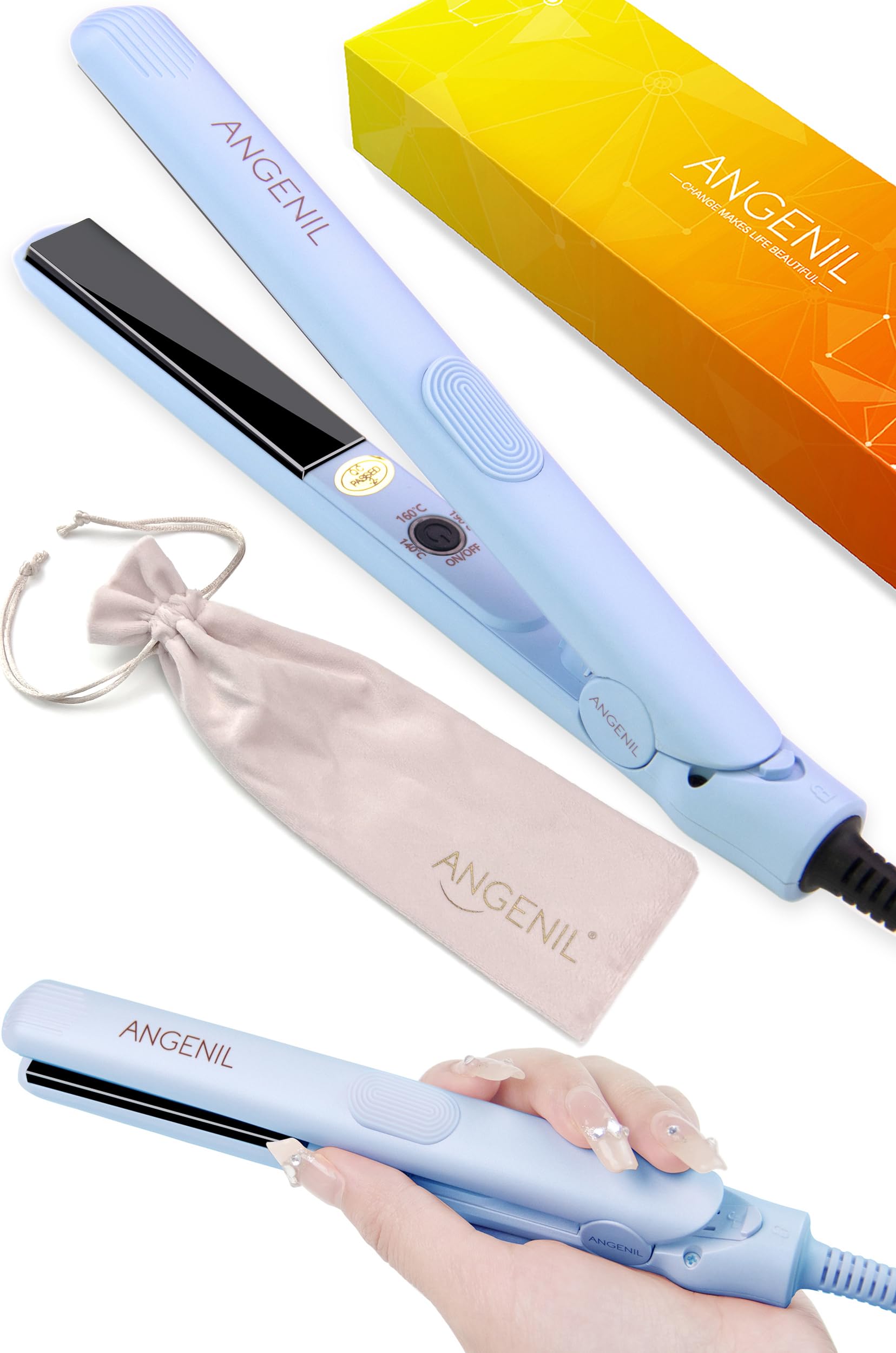 ANGENIL Mini lisseur céramique pour femme, fer à lisser et boucler pour cheveux fins, double tension, format voyage 1,8 cm, pour cheveux courts - Bleu
