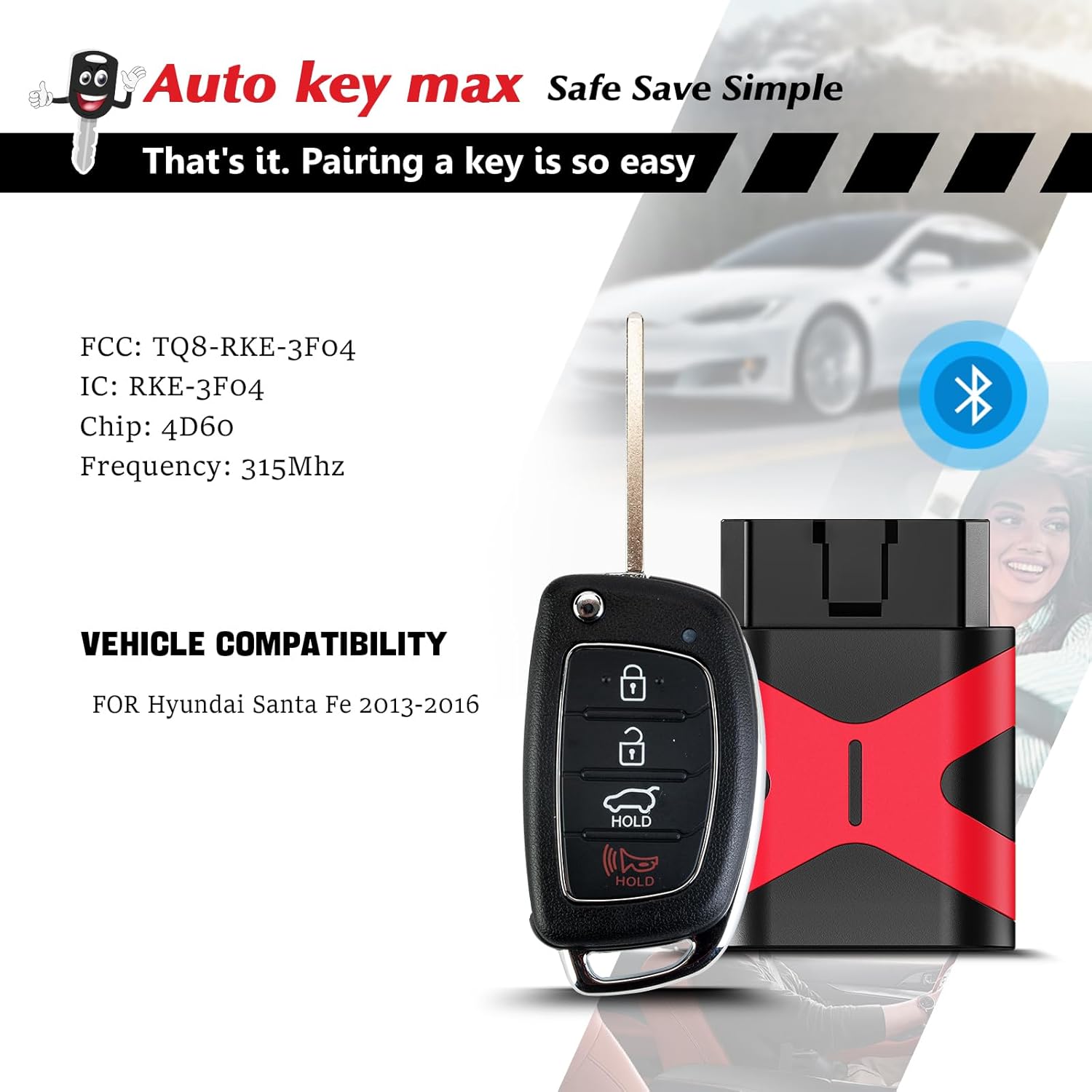 Programmable Keyfob, Replacement Car Keys and Fob DIY Programmer Kit for 2013-2016 Hyundai Santa FE Flip Remote TQ8-RKE-3F04
