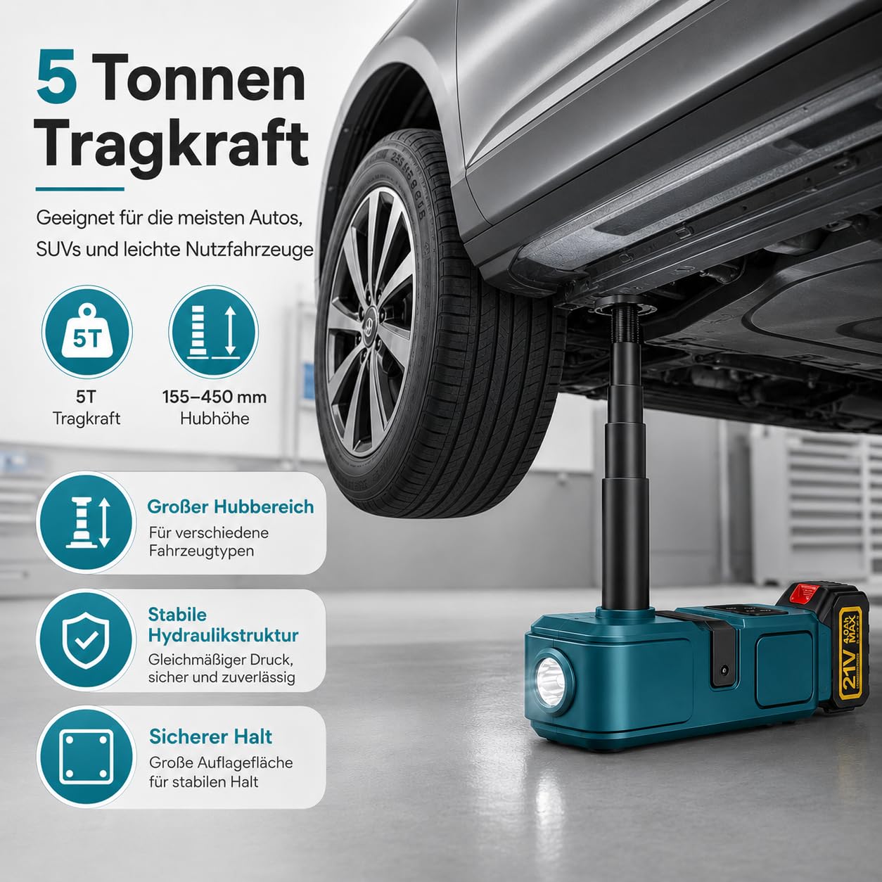 Elektrisch Wagenheber 5T mit Akku, 15,5-45cm Hubbereich