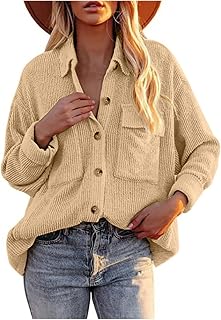 FWfdhe Women's Shirt Jackets Corduroy Thick Warm Button Down Coat Casual Lapel Long Sleeve Outwear with Chest Pockets