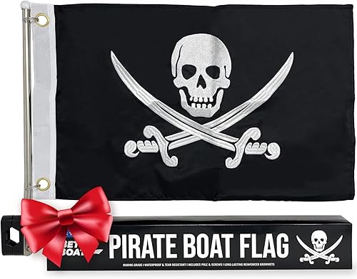 Kit de asta de barco con bandera pirata, juego de bandera Jolly Roger de 12 x 18 pulgadas, grado marino de doble cara, mini soporte negro,