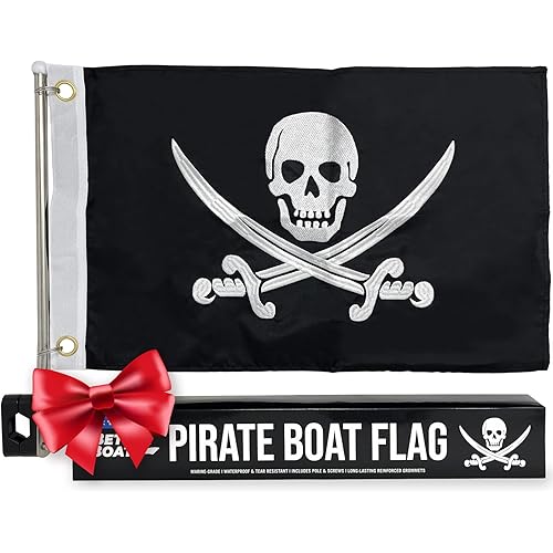 Pirate Flag Boat Pole Kit, 12" x 18" Jolly Roger Flag Set, Double-Sided Marine Grade, Black Mini Holder, Pontoon Accessories, Burgee Included