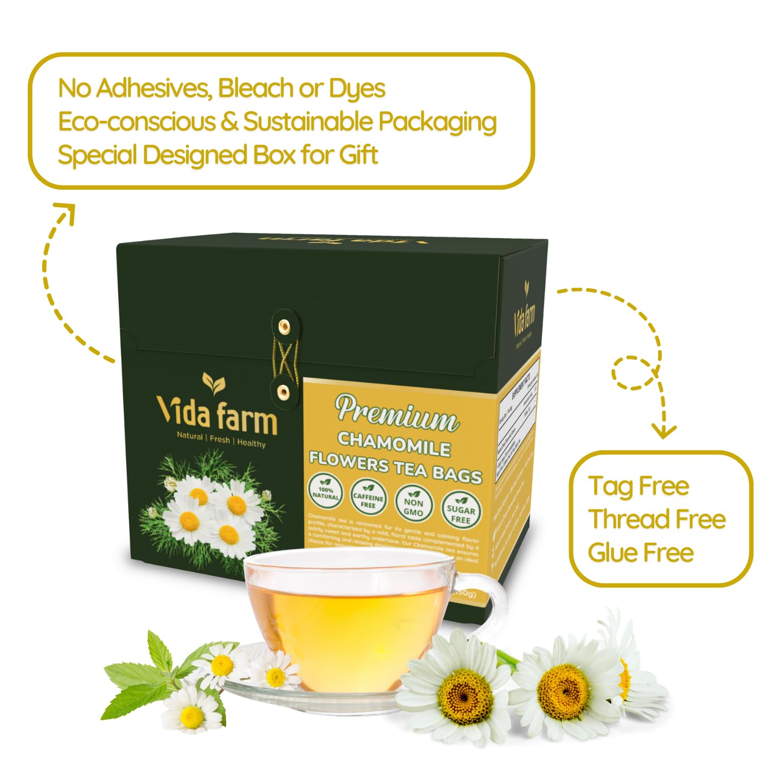 VIDA FARM 125 Chamomile Tea Bags, Natural Chamomile Flowers Tea Bags, Dried Herbal Flowers, Sugar Free, Caffeine Free, Gluten Free