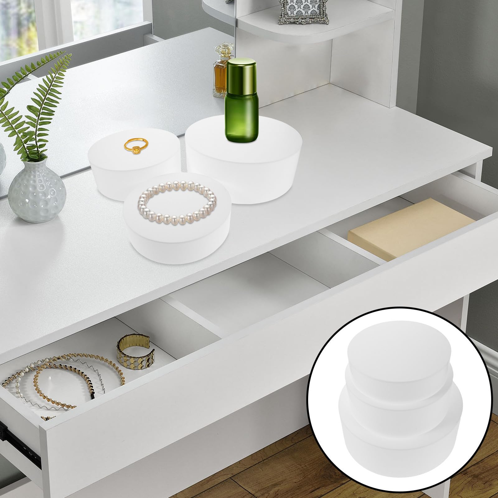 Acrylständer für Parfüm, 3 Stück, rund, vielseitige Größen, elegantes Design, leicht zu reinigen, für Display und Lagerung, weiß