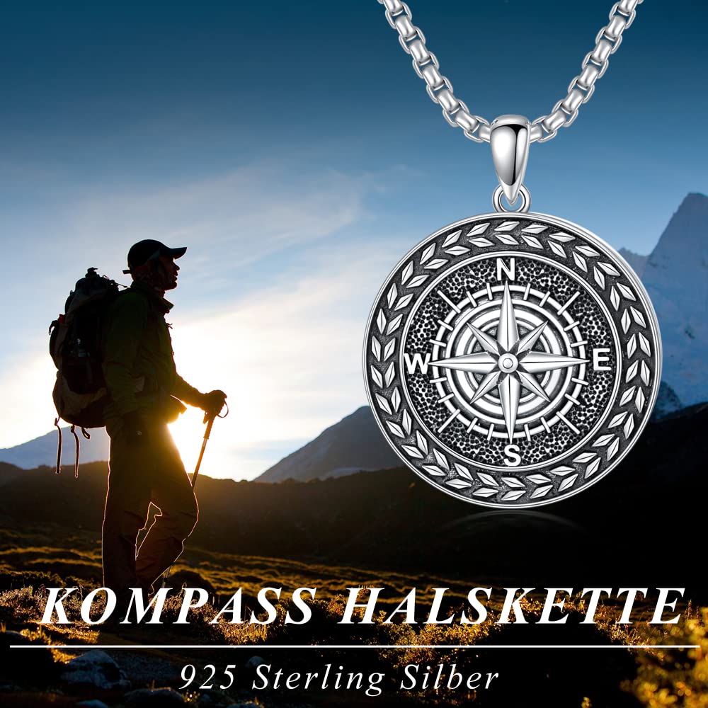Kompass Kette 925 Sterling Silber Anhänger Halskette Oxidierter Schwarz Schmuck Geschenk für Herren Männer Jungen