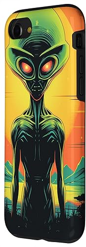 Vista 32 de iPhone 14 Pro Max Cute Green Alien Head UFO Space Face Alien Case